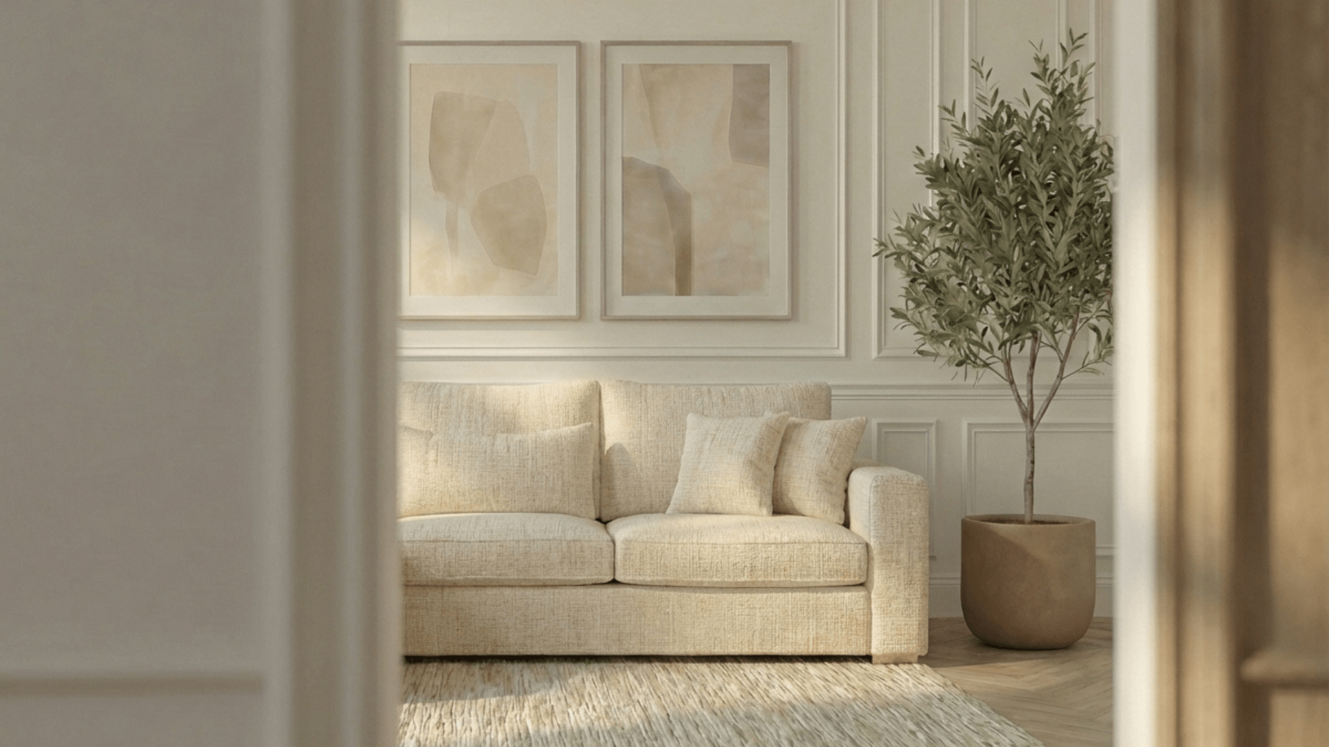 Canapé d'angle déhoussable 5 places MARBELLA en tweed - TRUST INDUSTRIE - Ecru - Angle gauche - 