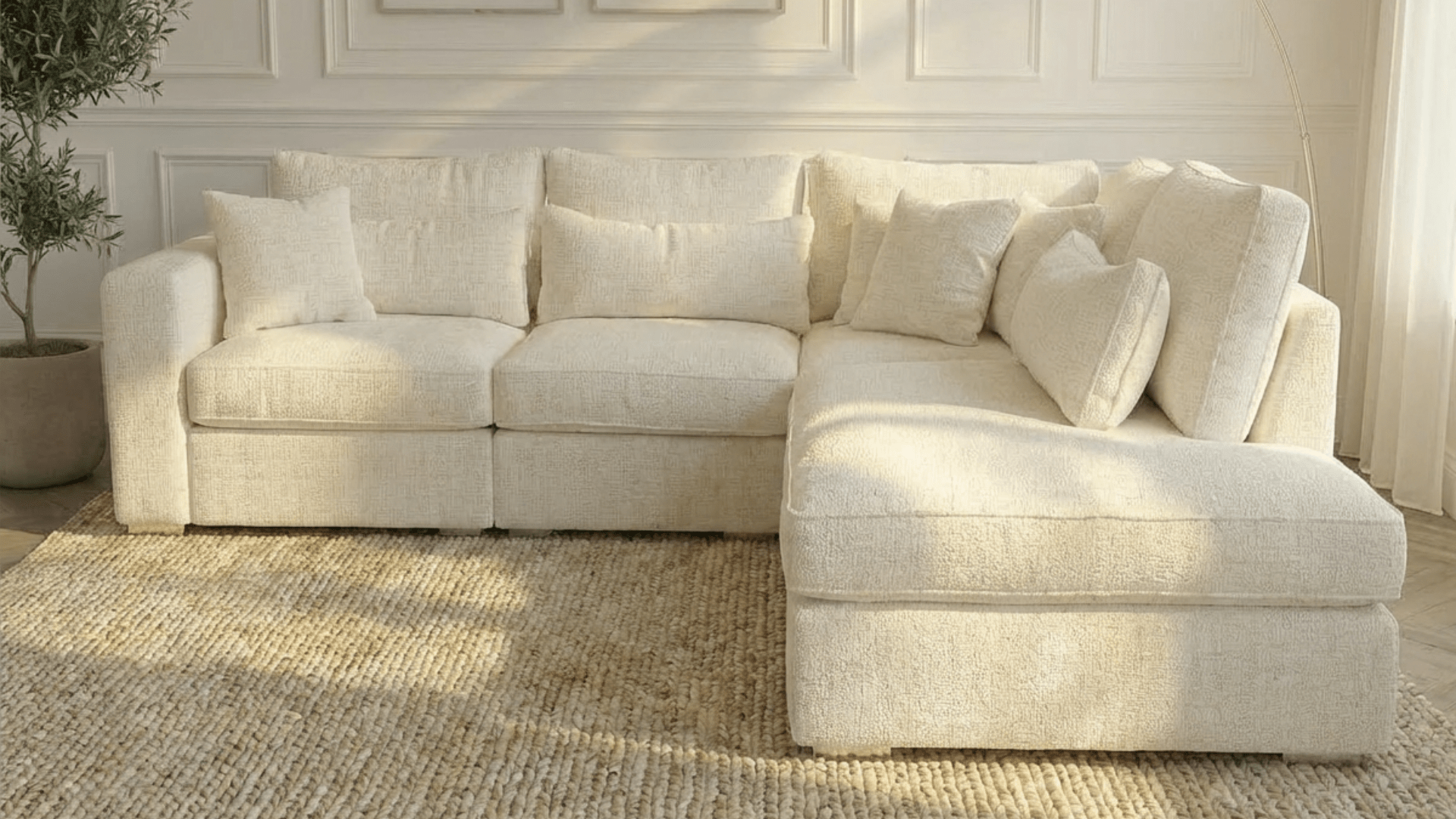 Canapé d'angle déhoussable 5 places MARBELLA en tweed - TRUST INDUSTRIE - Ecru - Angle DROIT - 