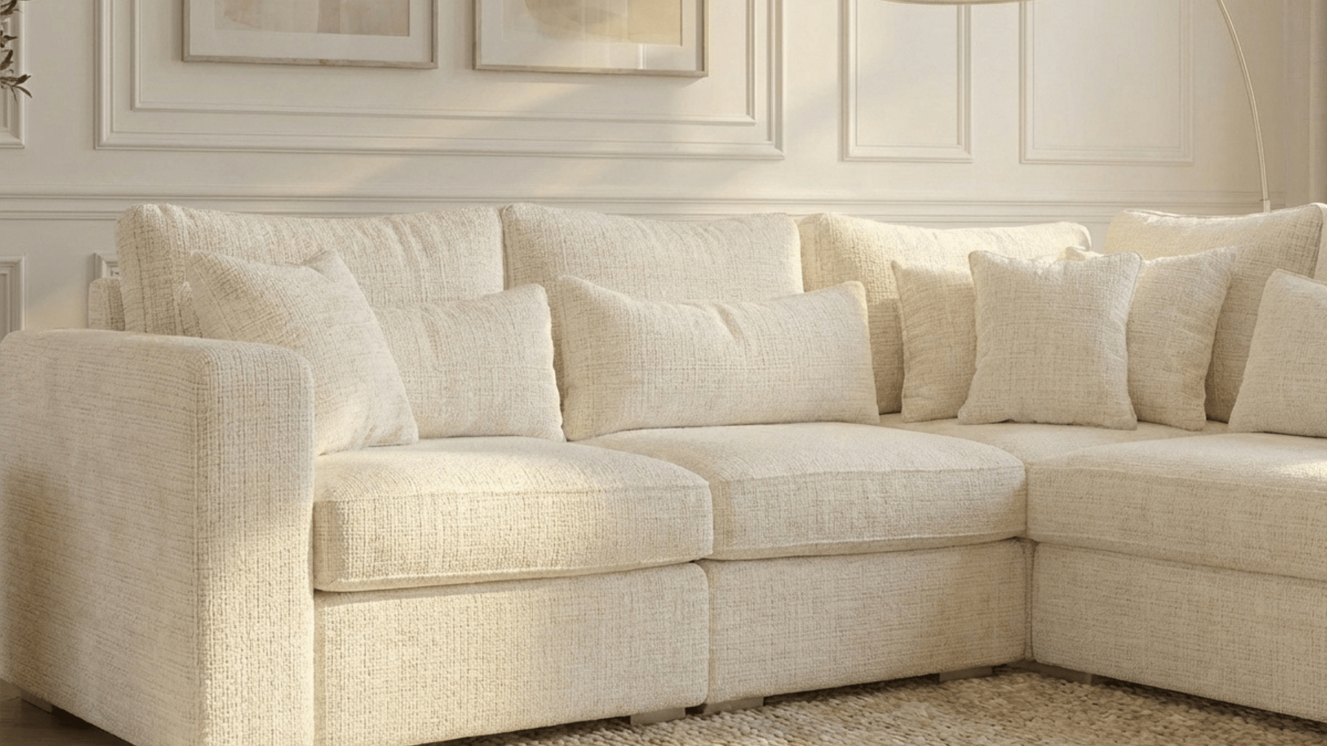 Canapé d'angle déhoussable 5 places MARBELLA en tweed - TRUST INDUSTRIE - Ecru- Angle DROIT - 