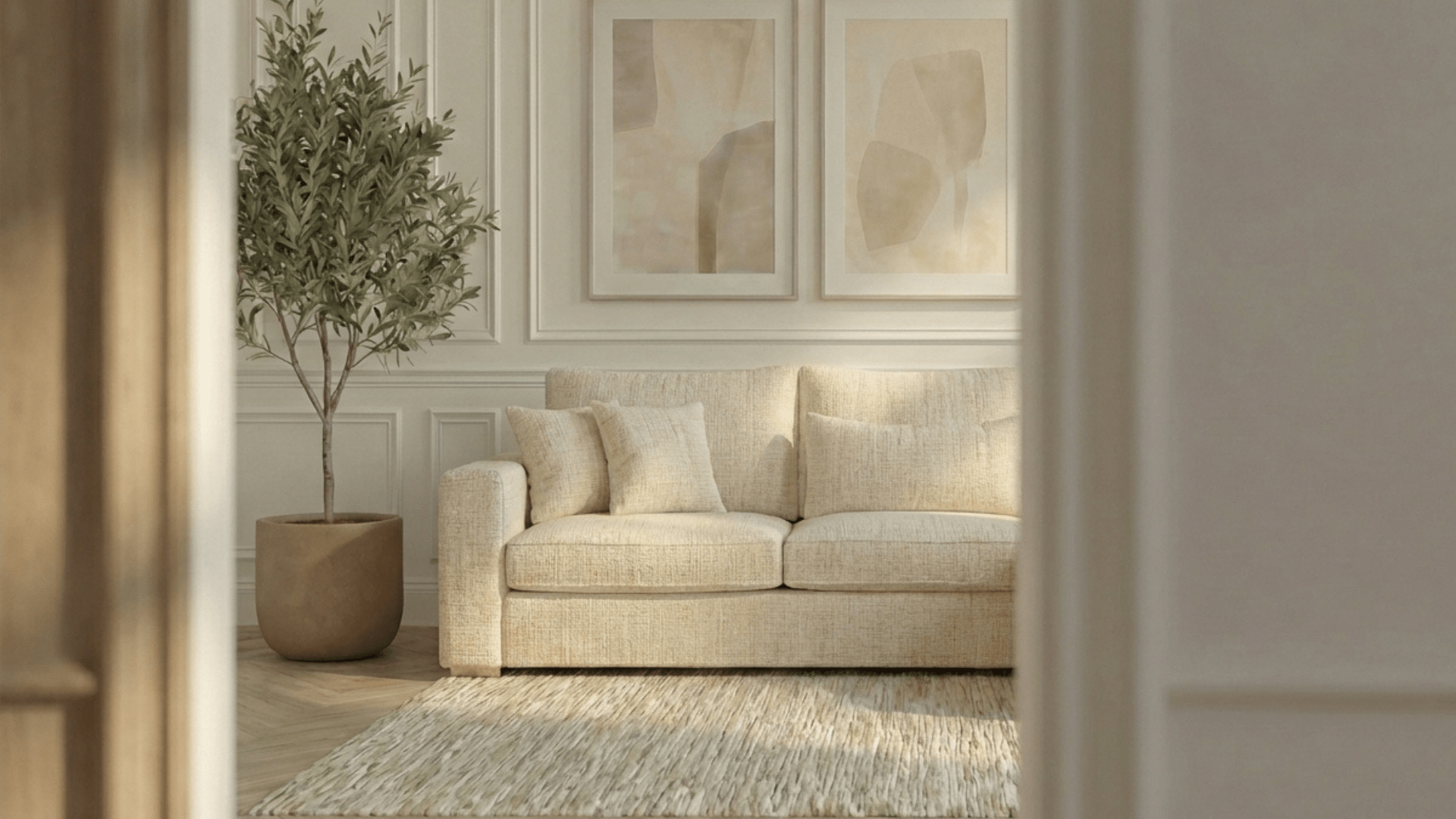 Canapé d'angle déhoussable 5 places MARBELLA en tweed - TRUST INDUSTRIE - Ecru- Angle DROIT - 