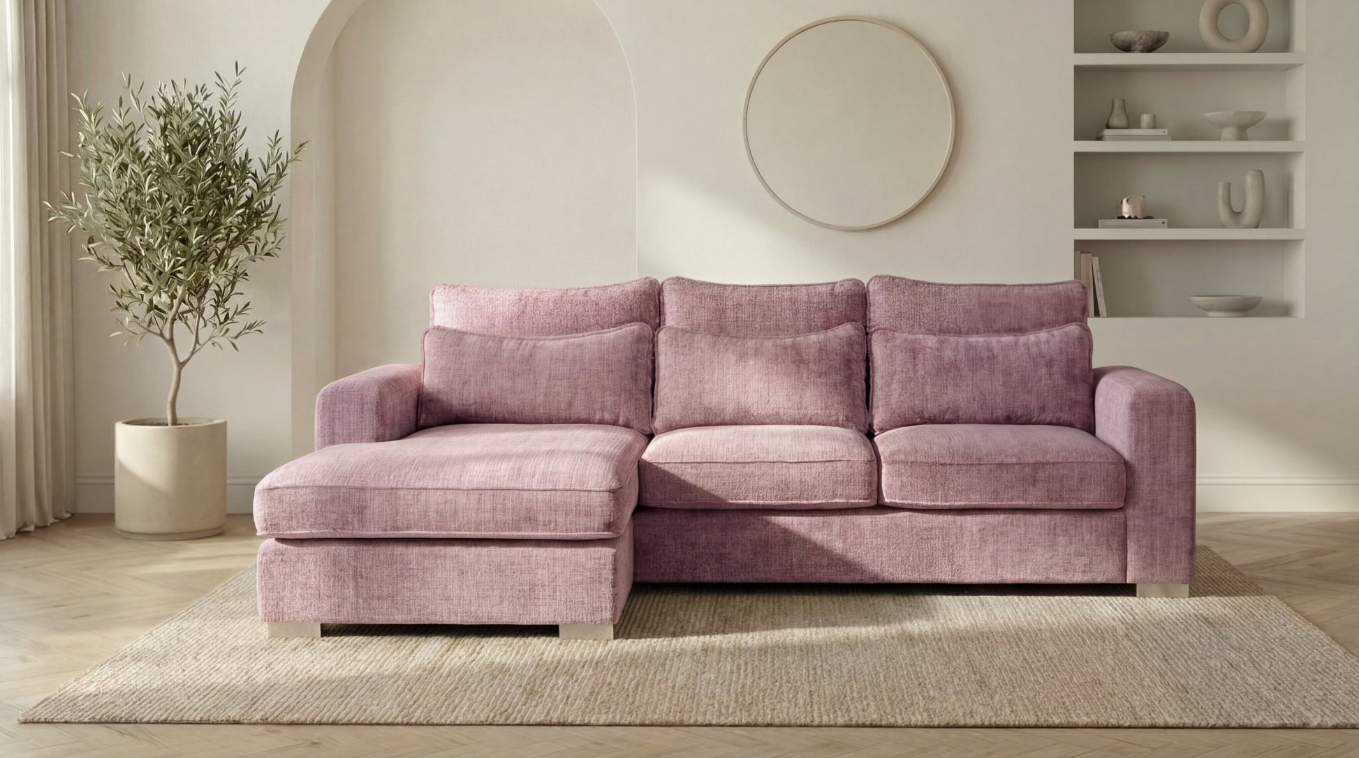 Canapé d'angle déhoussable 5 places mini MARBELLA en tweed - TRUST INDUSTRIE - Rose - Gauche - 