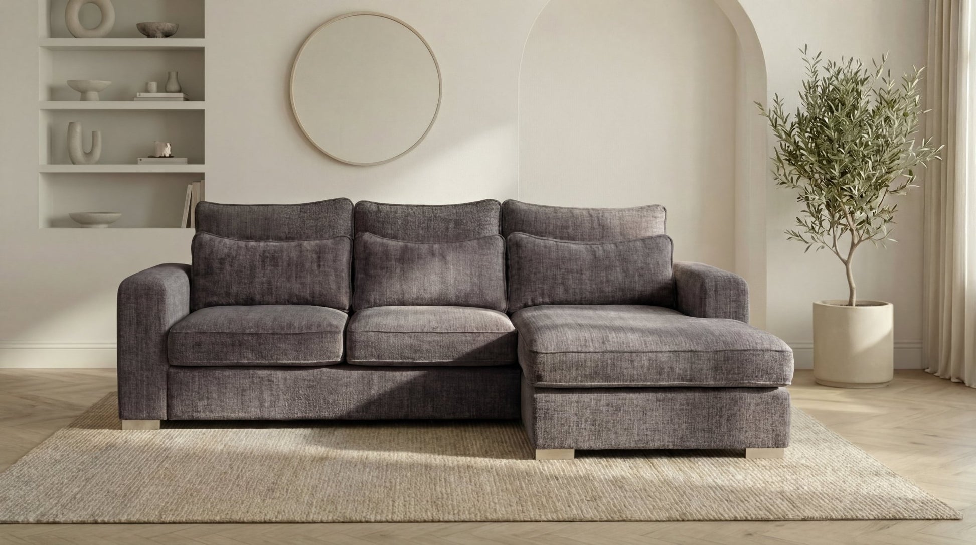 Canapé d'angle déhoussable 5 places mini MARBELLA en tweed - TRUST INDUSTRIE - Marron - Droit - 