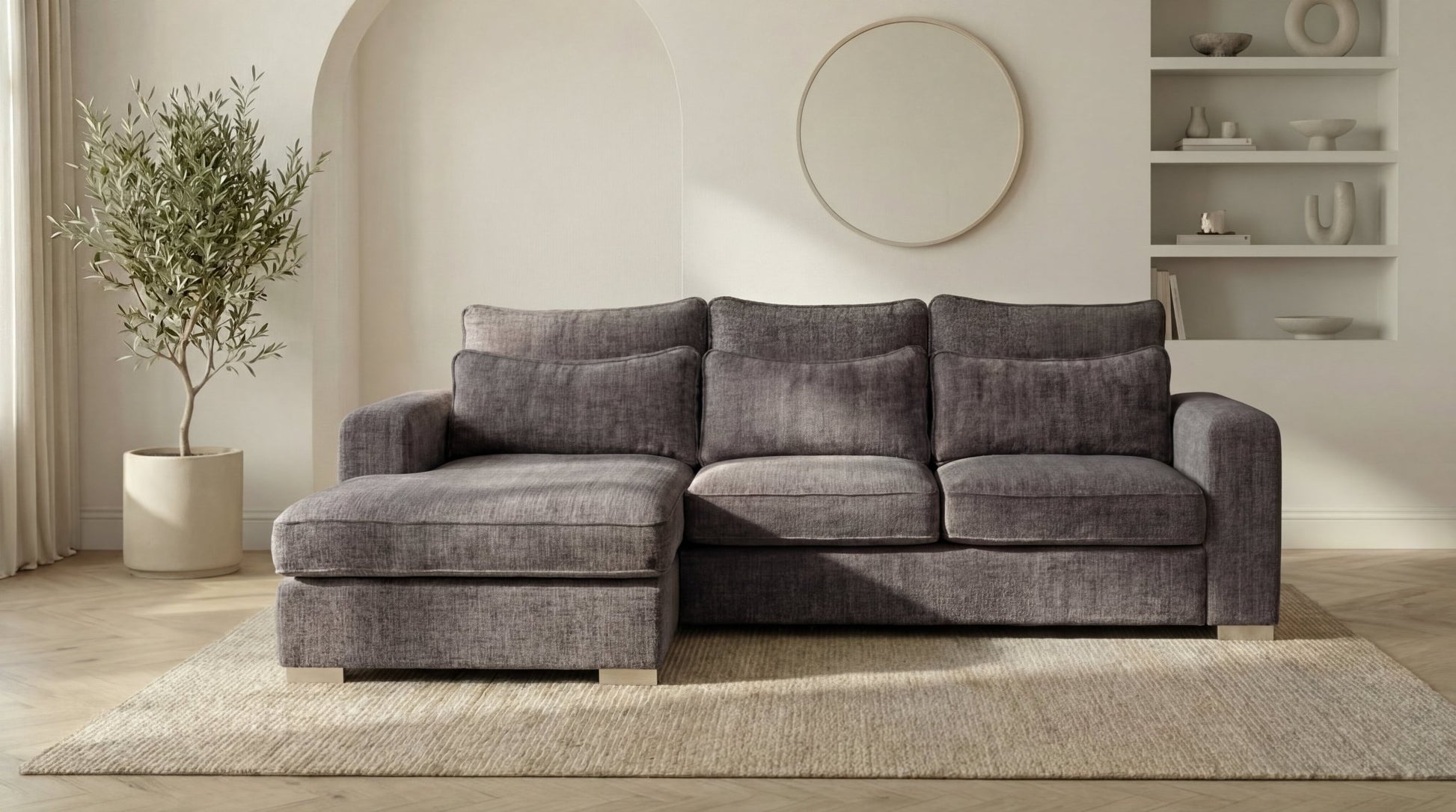 Canapé d'angle déhoussable 5 places mini MARBELLA en tweed - TRUST INDUSTRIE - Marron - Gauche - 