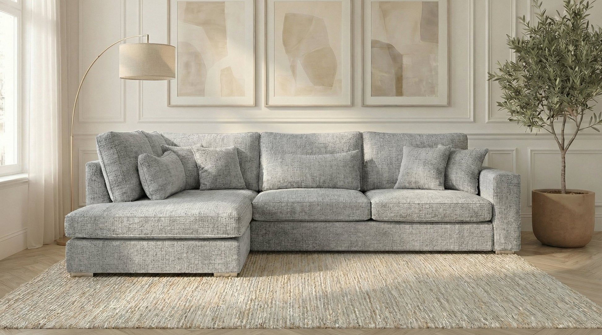 Canapé d'angle déhoussable 6 places baby MARBELLA en tweed - TRUST INDUSTRIE - gris 03 - angle gAUCHE - 