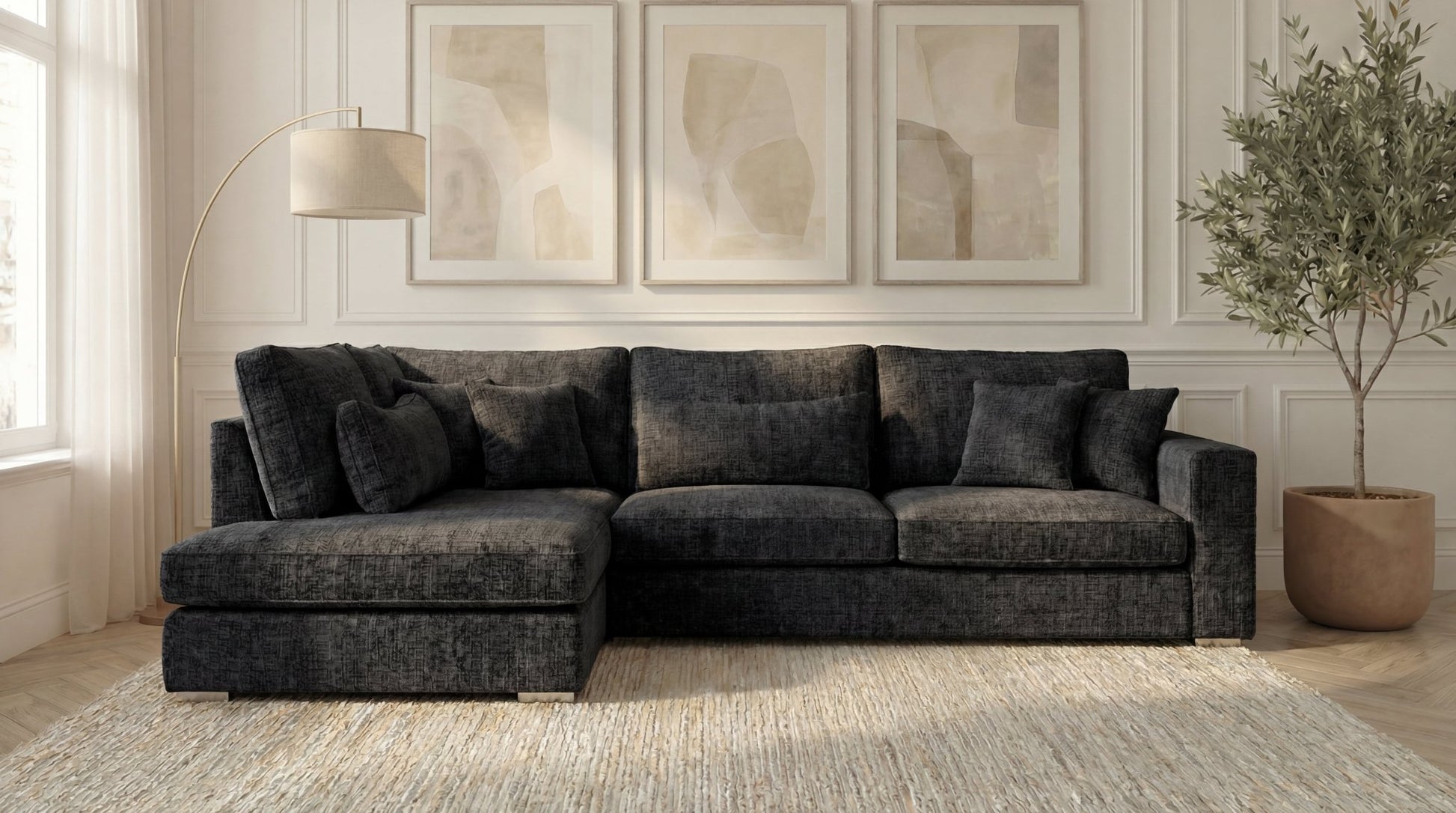 Canapé d'angle déhoussable 6 places baby MARBELLA en tweed - TRUST INDUSTRIE - Gris foncé - angle gauche -