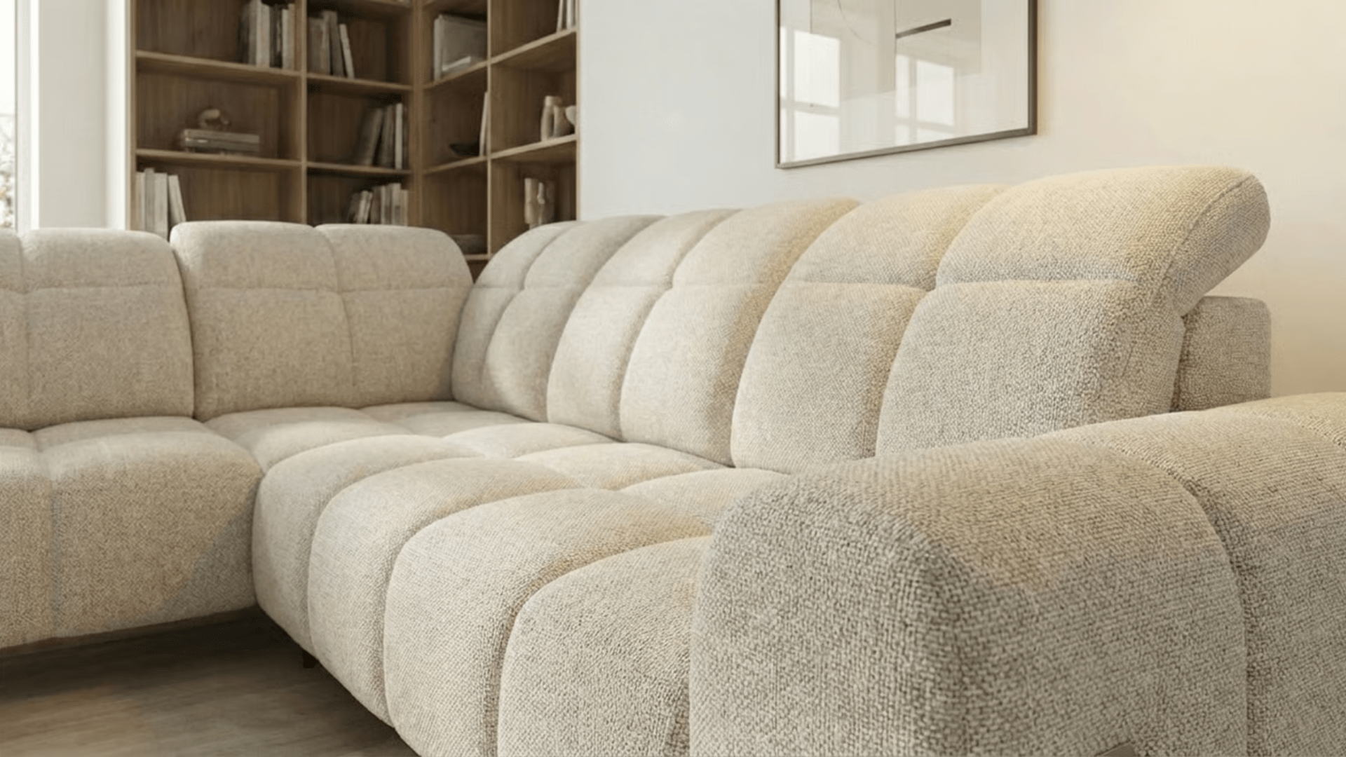 Canapé d’angle relax électrique 6 places SERGIO L en tissu avec têtières réglables - Trust Industrie - Beige - Gauche