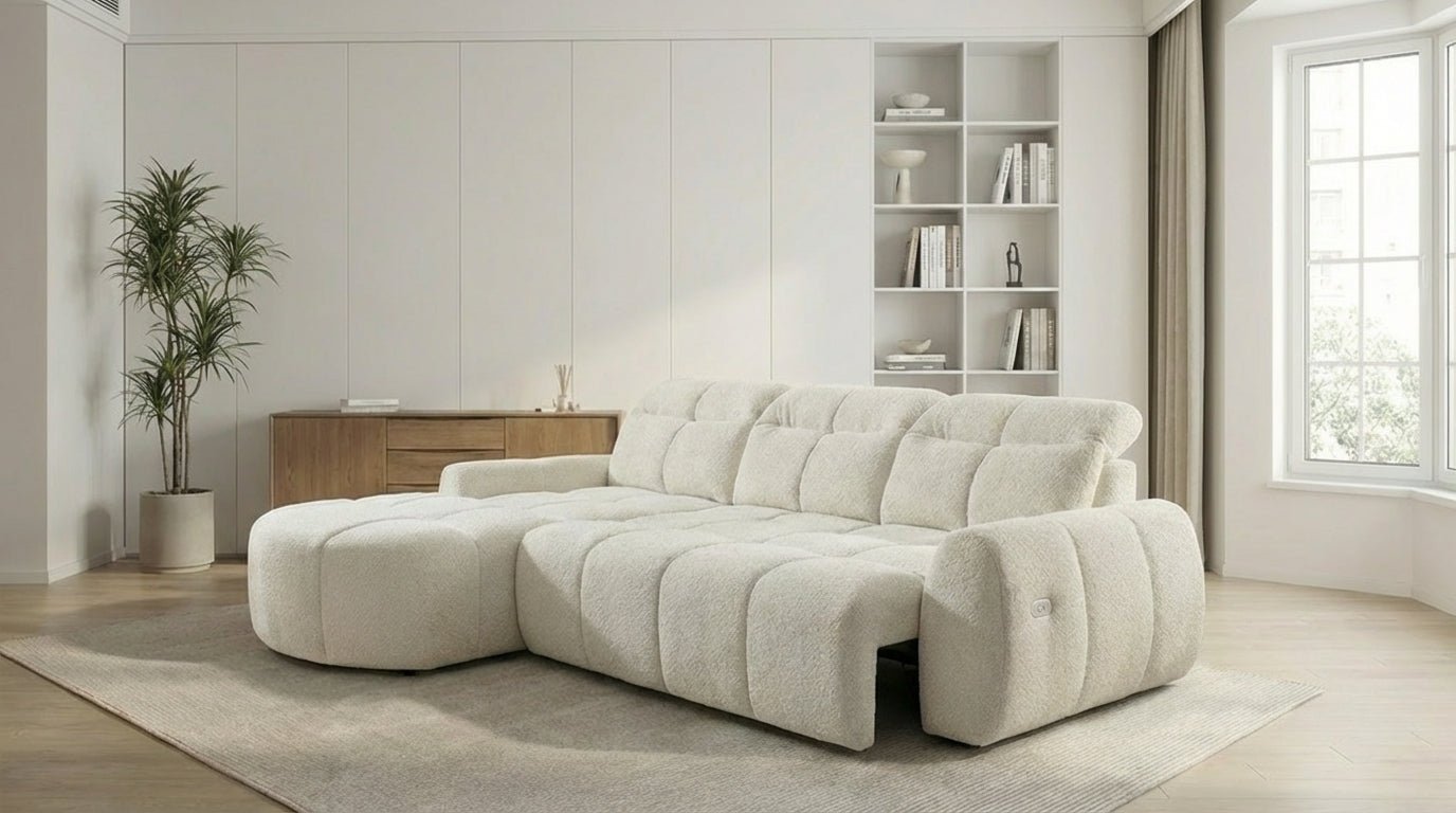 Canapé d’angle relax électrique 6 places SORENA L en velours - TRUST INDUSTRIE - Ecru - Gauche - 