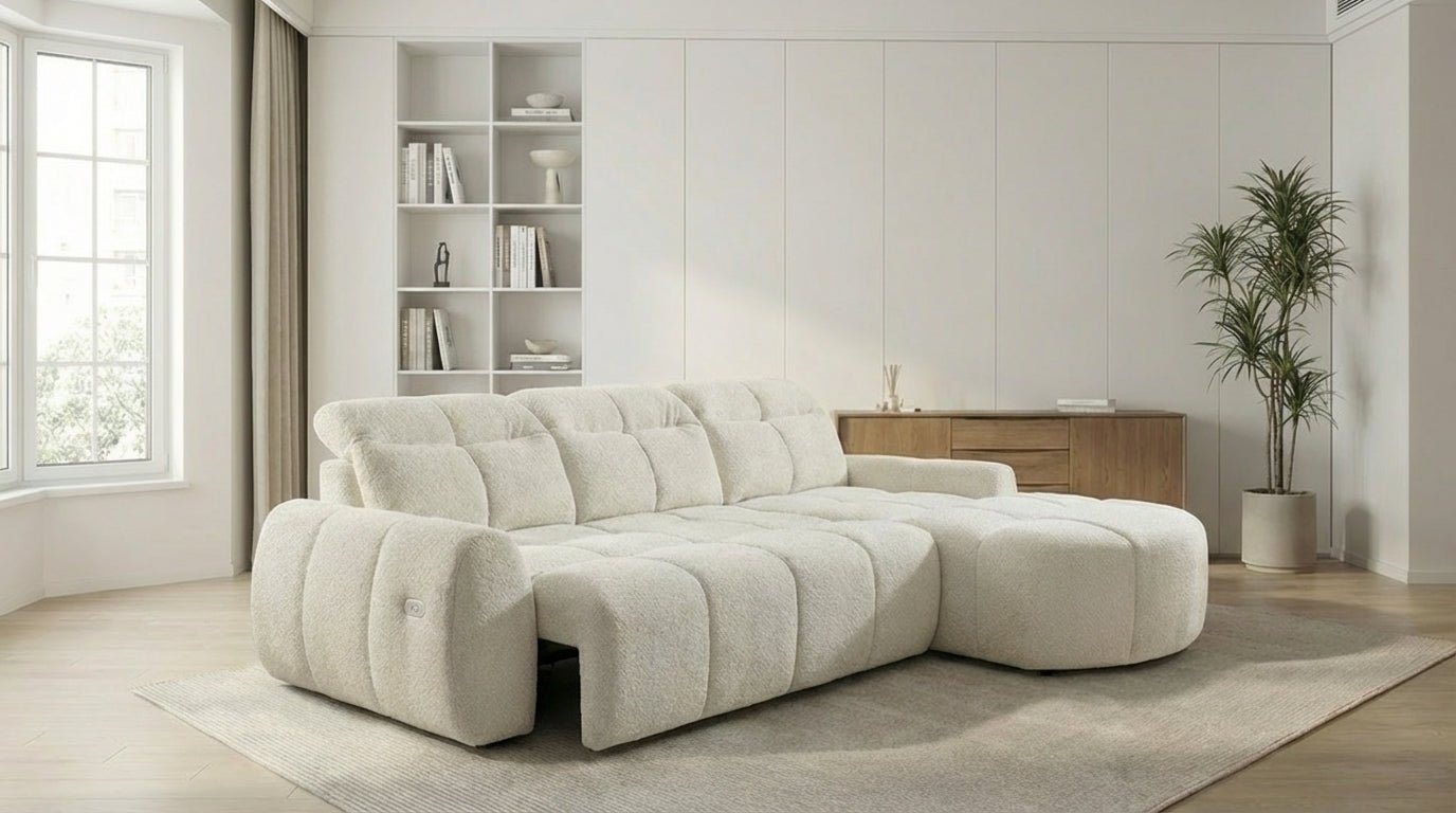 Canapé d’angle relax électrique 6 places SORENA L en velours - TRUST INDUSTRIE - Ecru - Droit  -