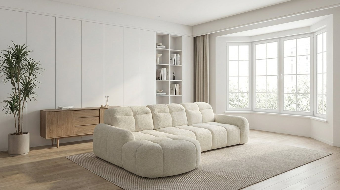 Canapé d’angle relax électrique 6 places SORENA L en velours avec têtières - TRUST INDUSTRIE - Ecru - Gauche - 
