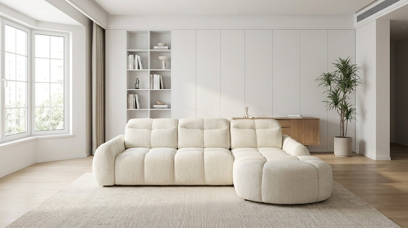Canapé d’angle relax électrique 6 places SORENA L en velours avec têtières - TRUST INDUSTRIE - Ecru - Droit - 