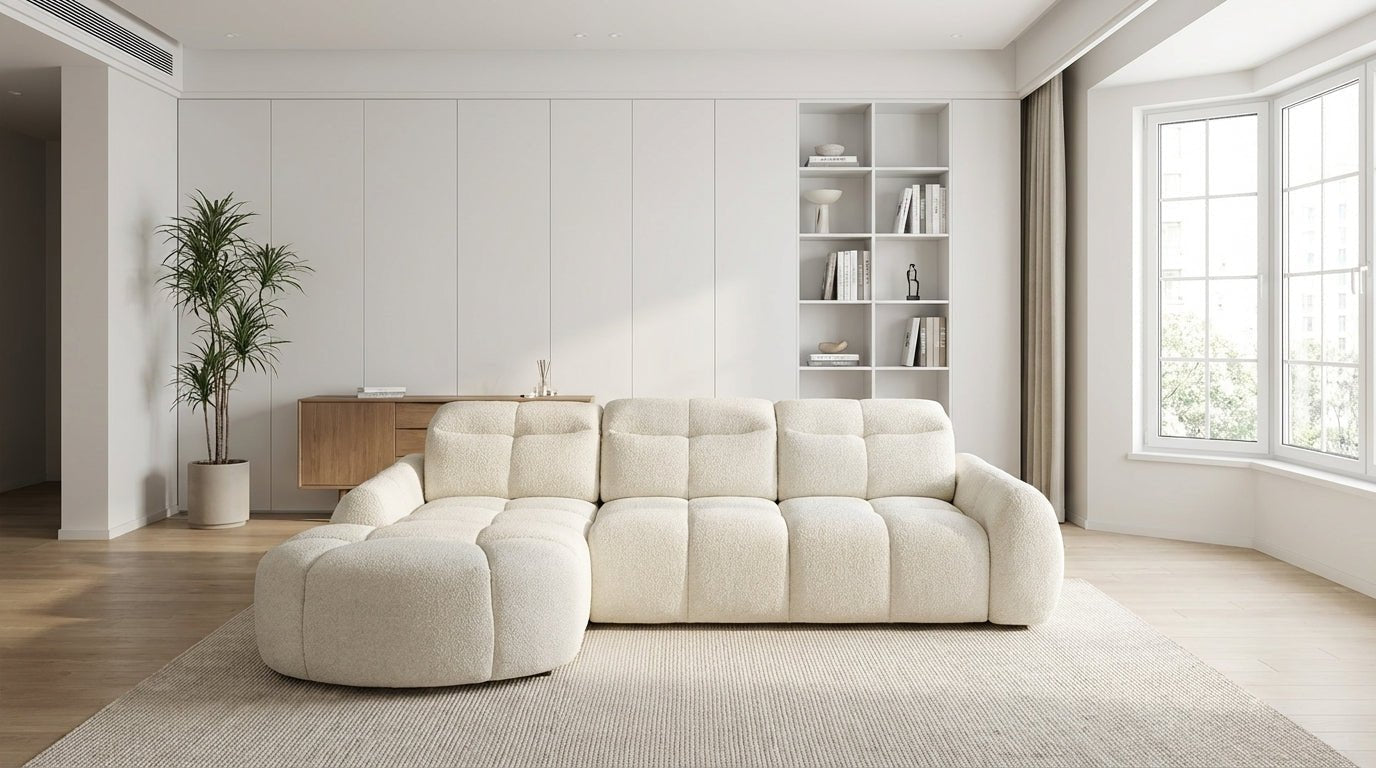 Canapé d’angle relax électrique 6 places SORENA L en velours avec têtières - TRUST INDUSTRIE - Ecru - Gauche - 