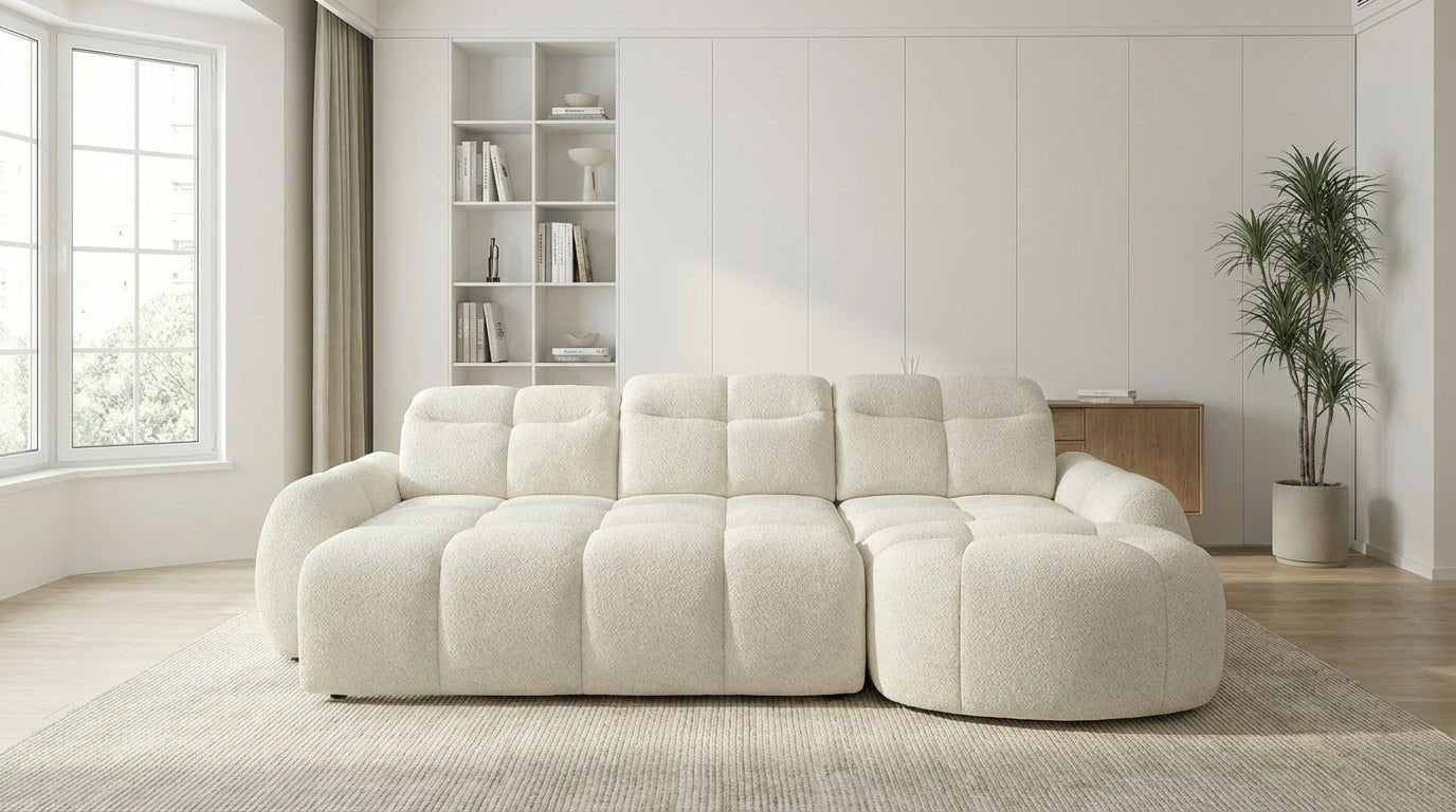 Canapé d’angle relax électrique 6 places SORENA L en velours avec têtières - TRUST INDUSTRIE - Ecru - Droit - 