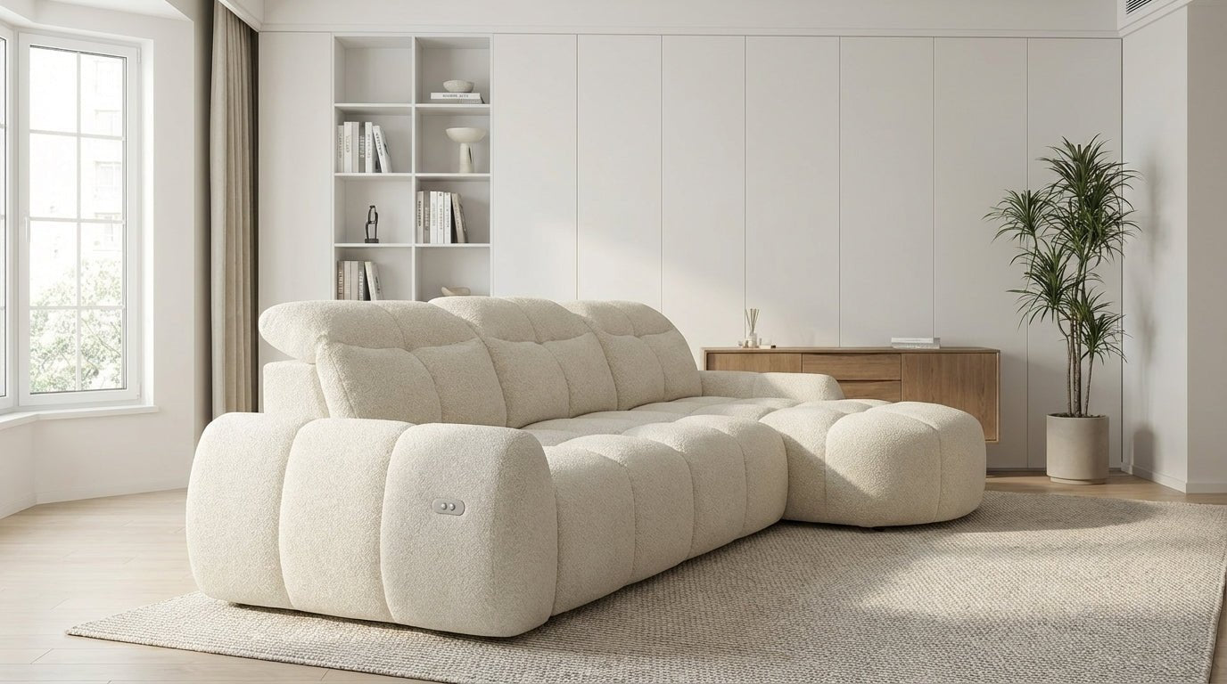 Canapé d’angle relax électrique 6 places SORENA L en velours avec têtières - TRUST INDUSTRIE - Ecru - Droit - 