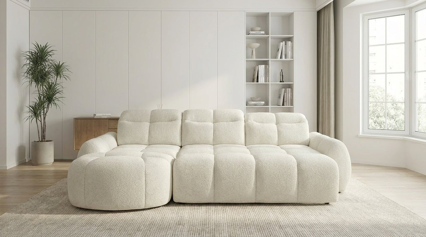 Canapé d’angle relax électrique 6 places SORENA L en velours avec têtières - TRUST INDUSTRIE - Ecru - Gauche - 
