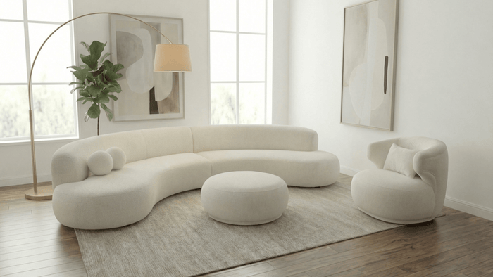 Canapé ELEANOR en laine bouclée rasée en blanc cassé - TRUST INDUSTRIE - 6/8 places + 1 pouf - 