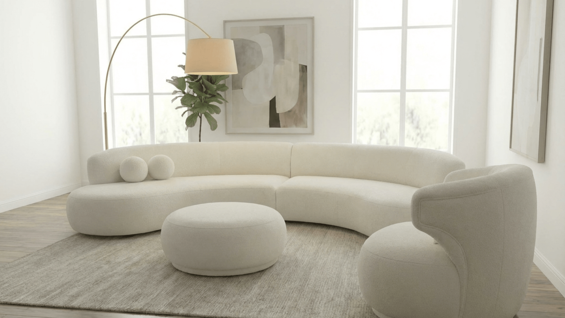 Canapé ELEANOR en laine bouclée rasée en blanc cassé - TRUST INDUSTRIE - 6/8 places + 1 pouf - 
