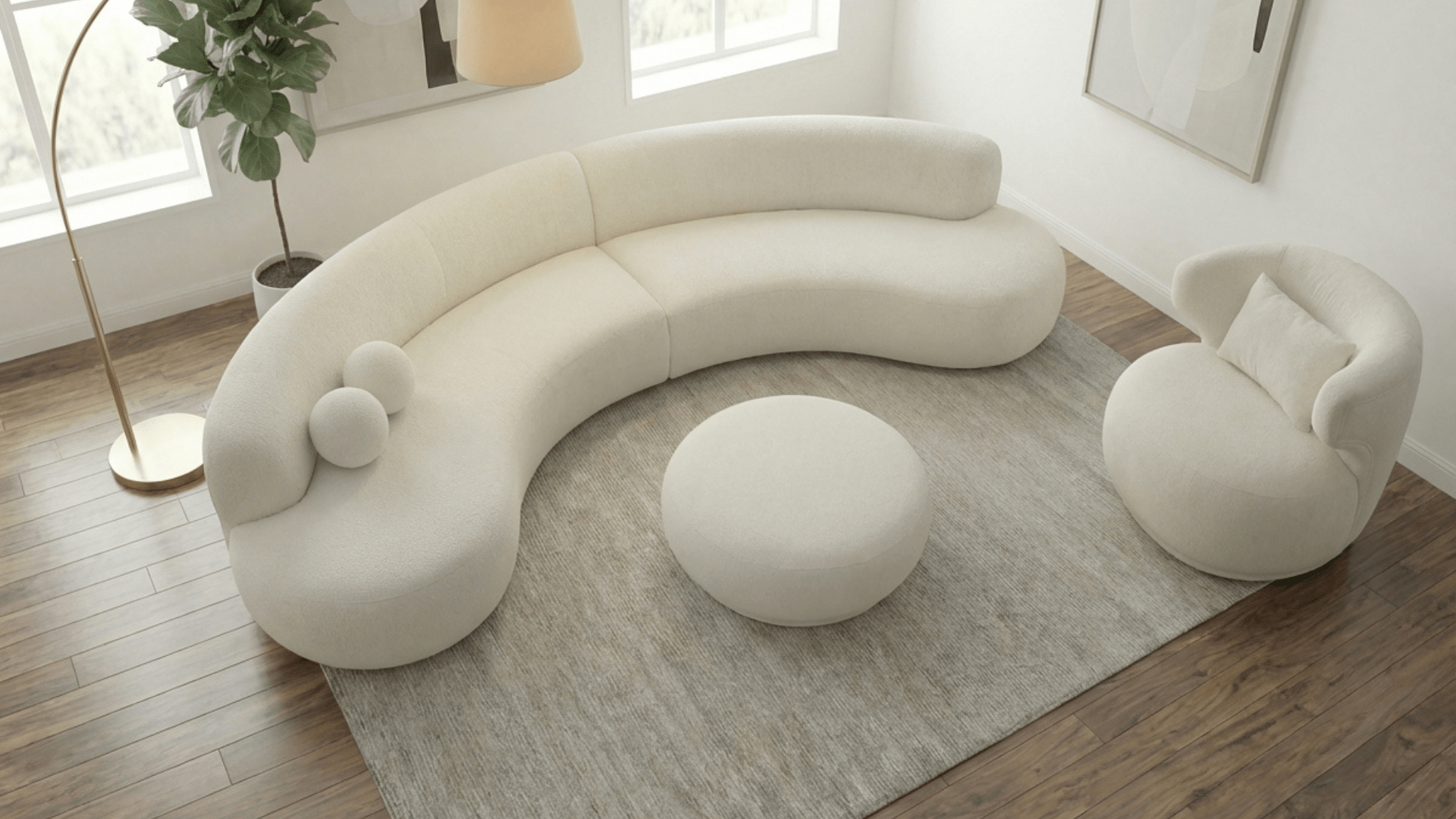 Canapé ELEANOR en laine bouclée rasée en blanc cassé - TRUST INDUSTRIE - 6/8 places + 1 pouf - 