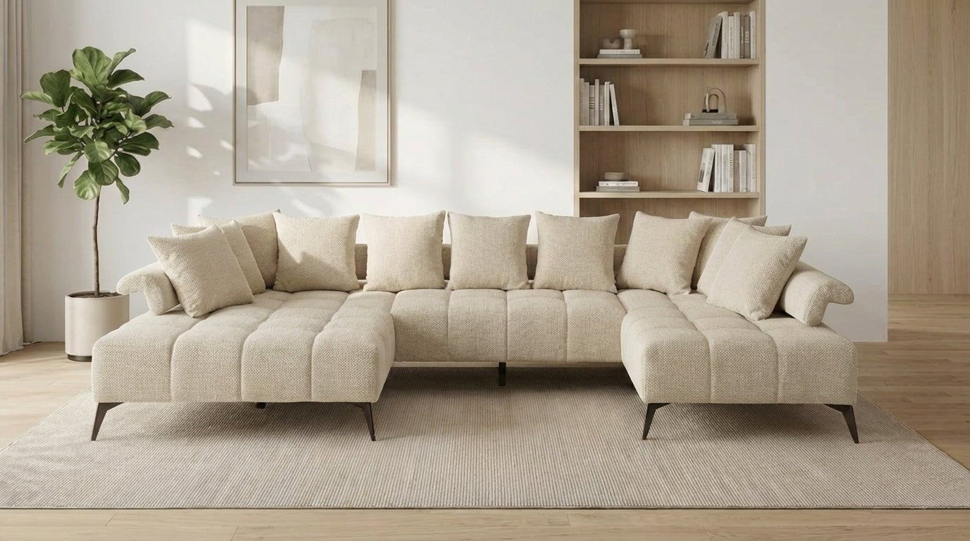 Canapé panoramique 7 places VANESSA U en tissu chenille - TRUST INDUSTRIE - Beige - 
angle gauche ( petite méridienne à droite )sans pouf