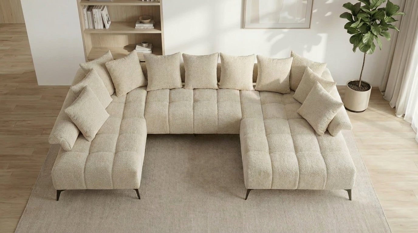Canapé panoramique 7 places VANESSA U en tissu chenille - TRUST INDUSTRIE - Beige - angle droit ( petite méridienne à gauche )sans pouf