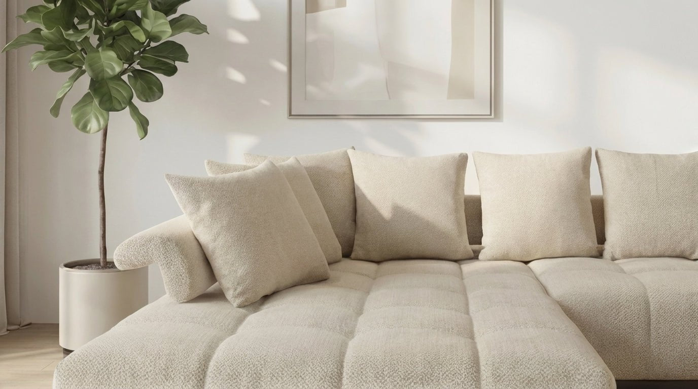 Canapé panoramique 7 places VANESSA U en tissu chenille - TRUST INDUSTRIE - Beige - 
angle Gauche ( petite méridienne à droite )sans pouf