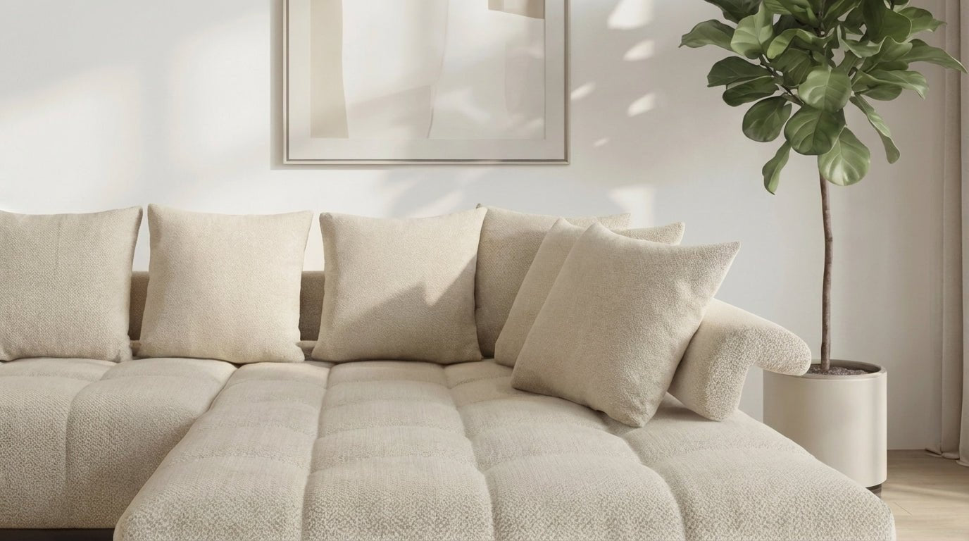 Canapé panoramique 7 places VANESSA U en tissu chenille - TRUST INDUSTRIE - Beige - angle droit ( petite méridienne à gauche )sans pouf