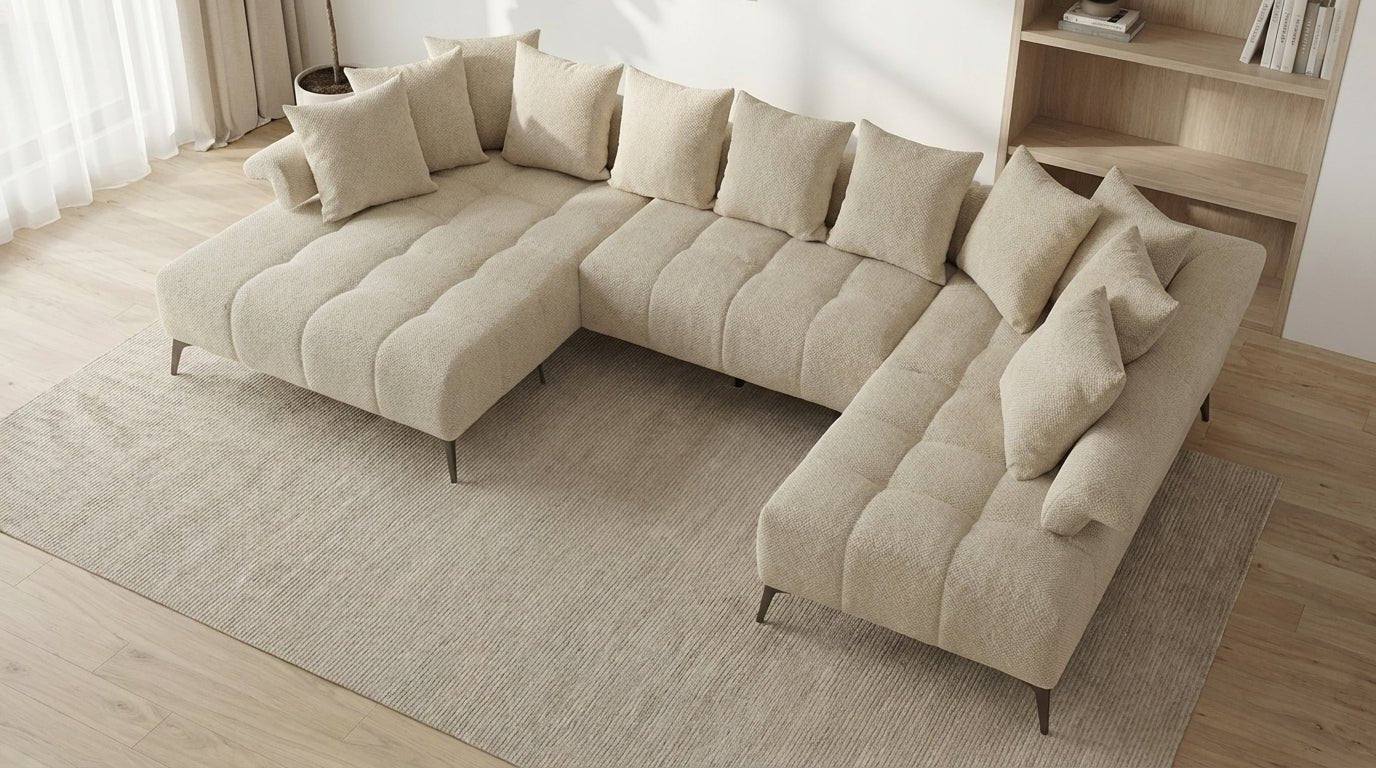 Canapé panoramique 7 places VANESSA U en tissu chenille - TRUST INDUSTRIE - Beige - 
angle gauche ( petite méridienne à droite )sans pouf