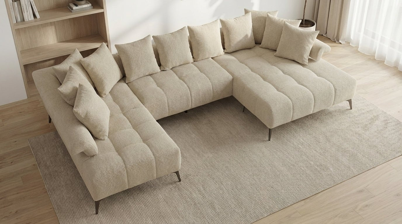 Canapé panoramique 7 places VANESSA U en tissu chenille - TRUST INDUSTRIE - Beige - angle droit ( petite méridienne à gauche )sans pouf