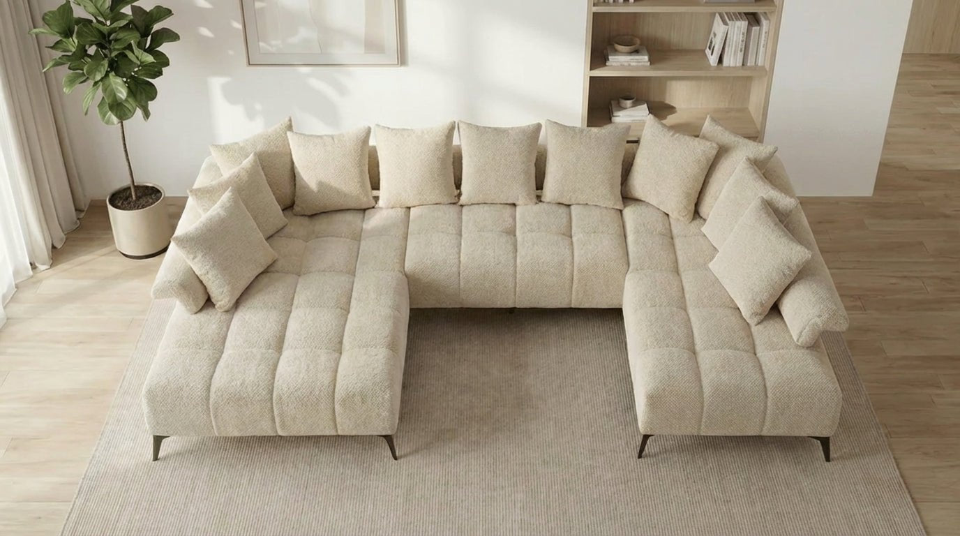 Canapé panoramique 7 places VANESSA U en tissu chenille - TRUST INDUSTRIE - Beige - 
angle Gauche ( petite méridienne à droite )sans pouf