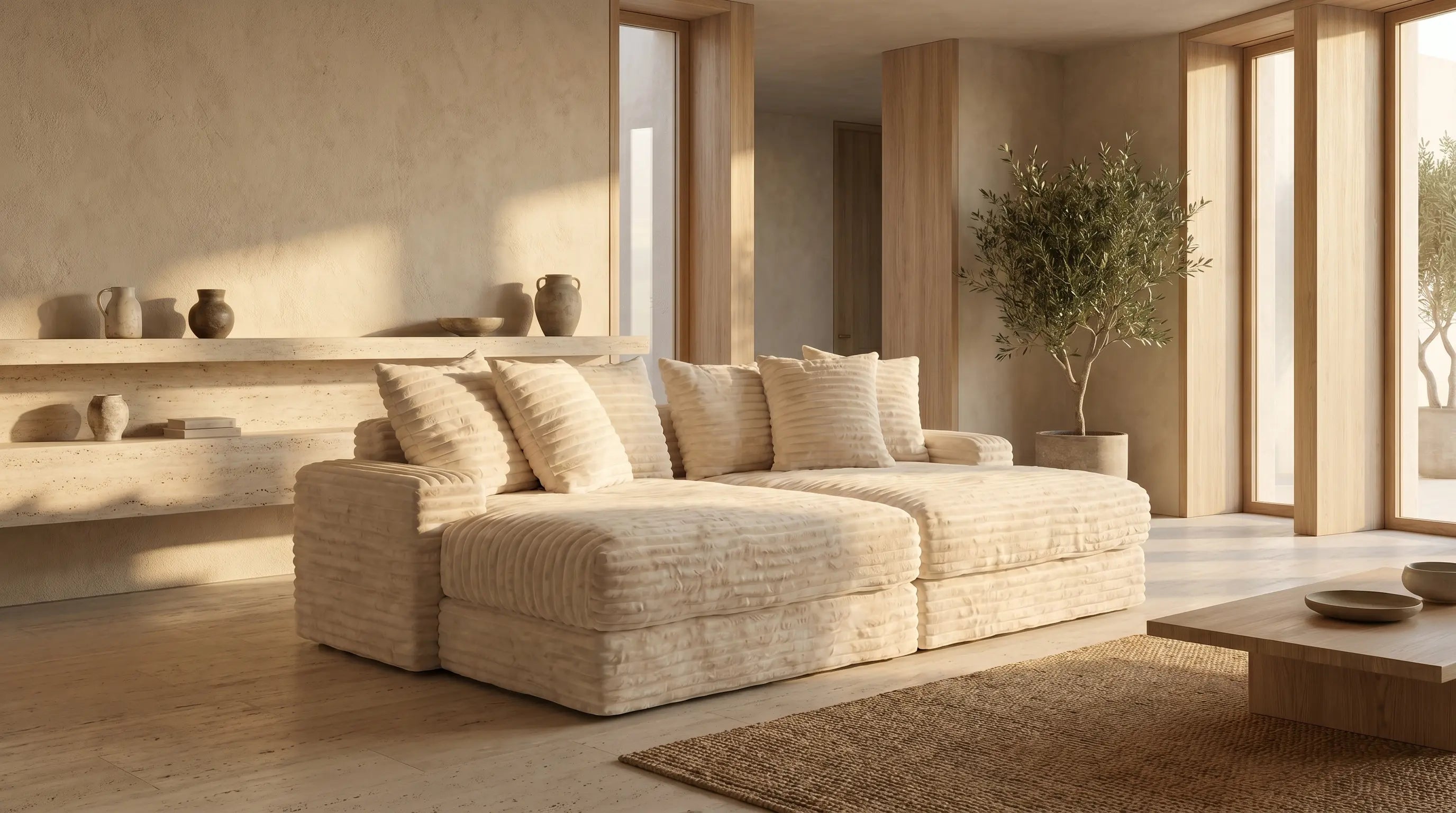Canapé écru moderne personnalisable dans salon beige lumineux