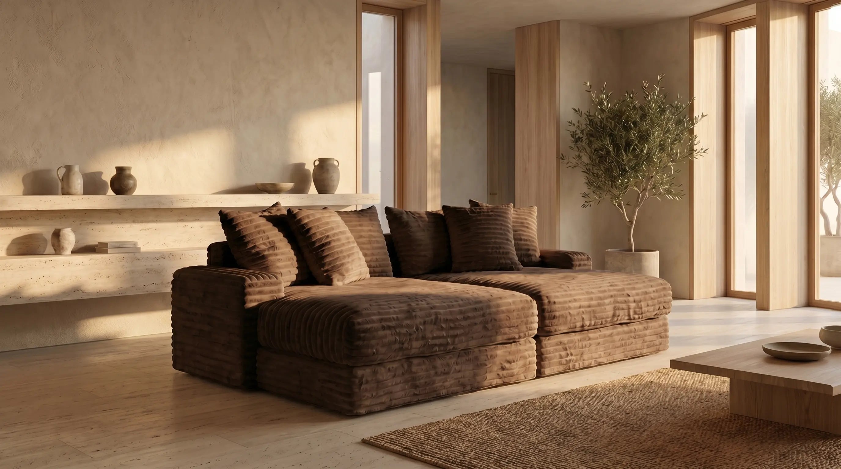 Canapé marron moderne personnalisable dans salon beige lumineux