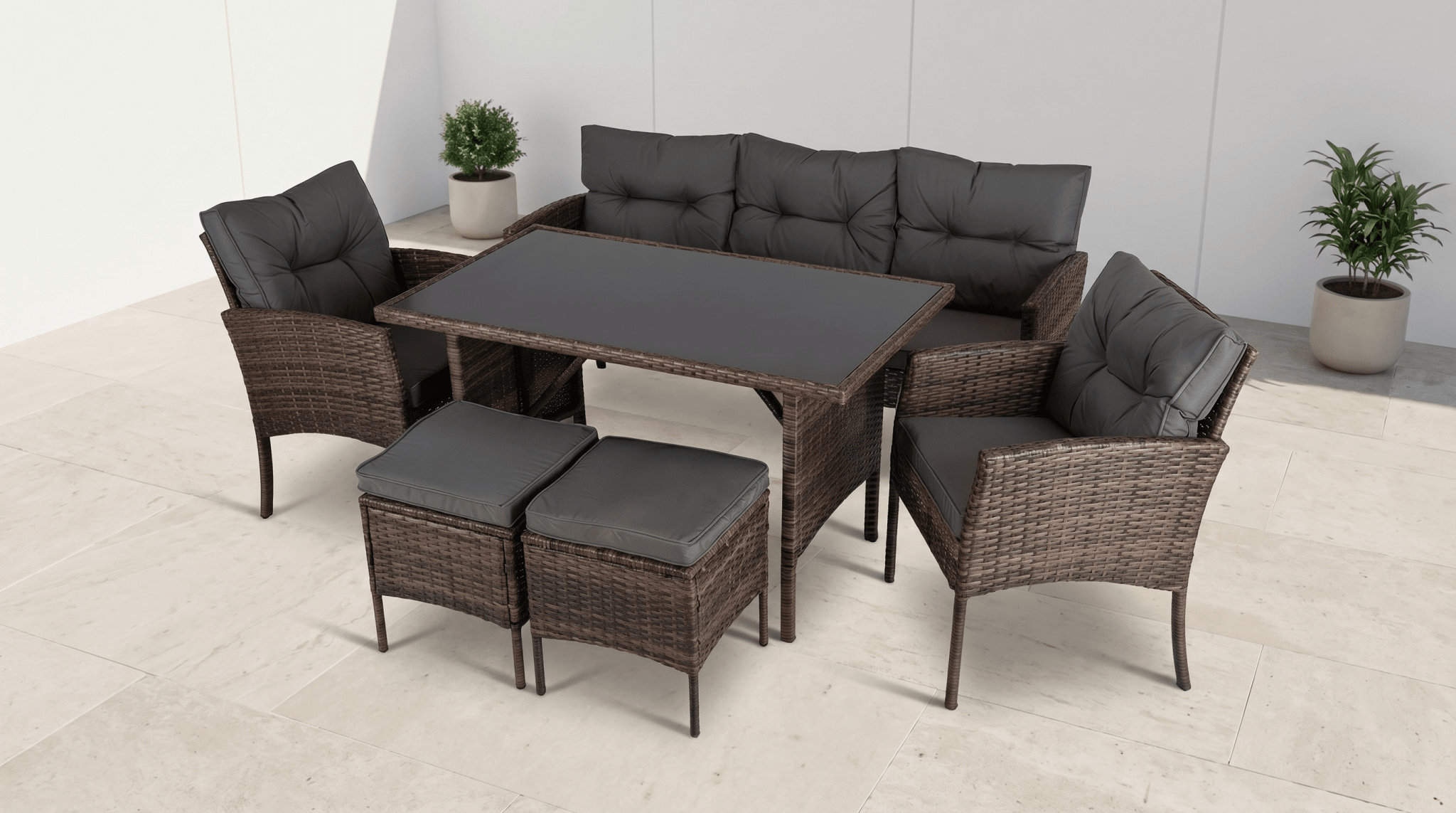 Ensemble de jardin ATLANTA en résine tressée avec table rectangulaire en verre - TRUST INDUSTRIE - Marron - 