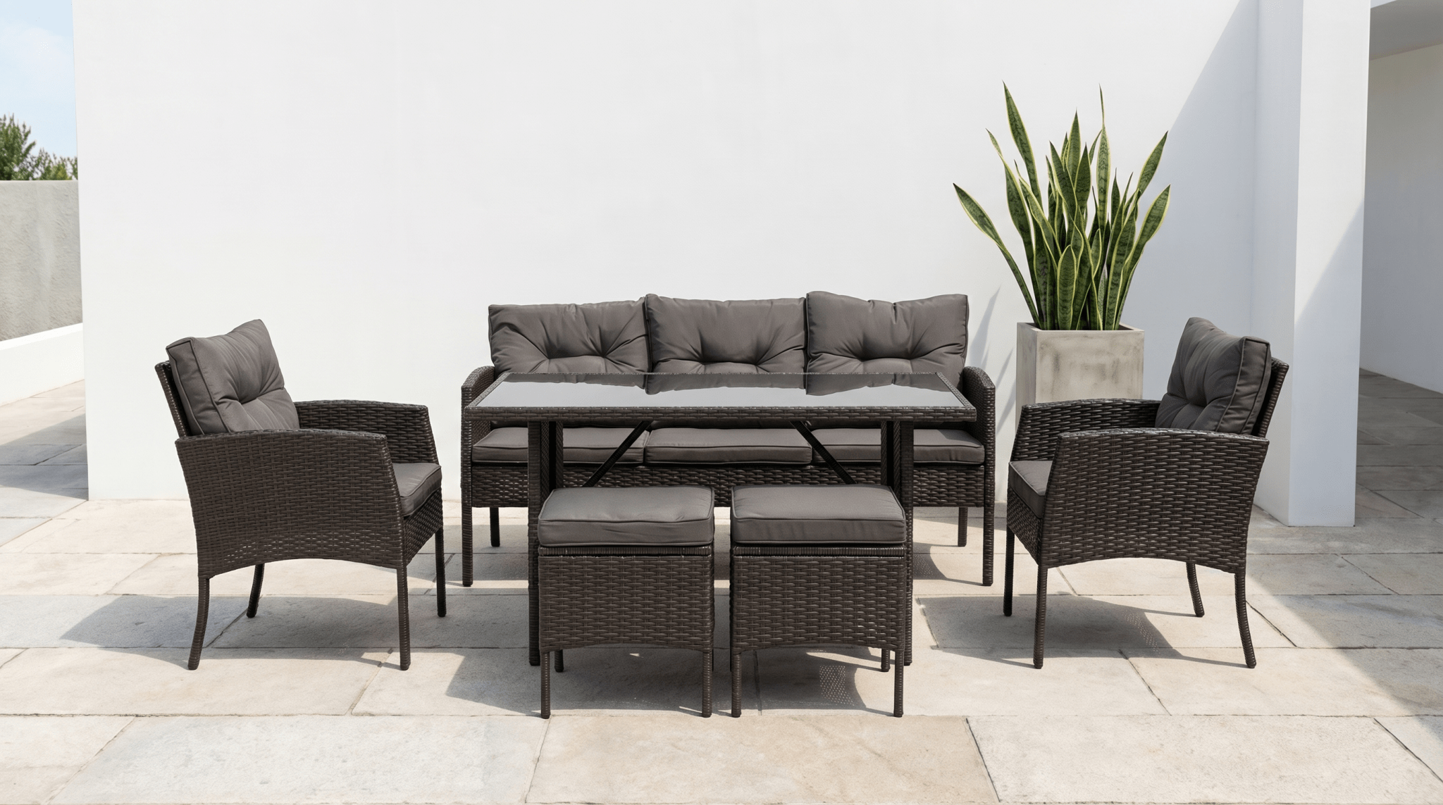 Ensemble de jardin ATLANTA en résine tressée avec table rectangulaire en verre - TRUST INDUSTRIE - Marron - 