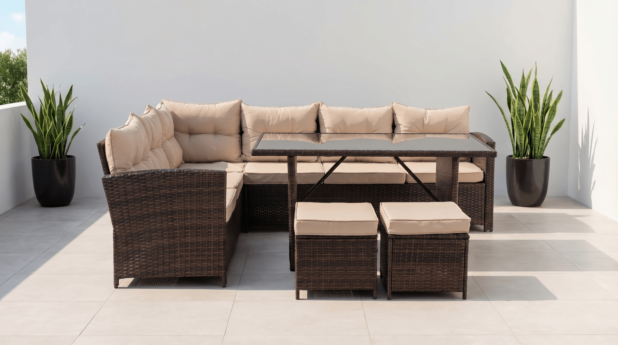 Ensemble de jardin DALLAS en résine tressée avec table rectangulaire en verre - TRUST INDUSTRIE - Beige - 