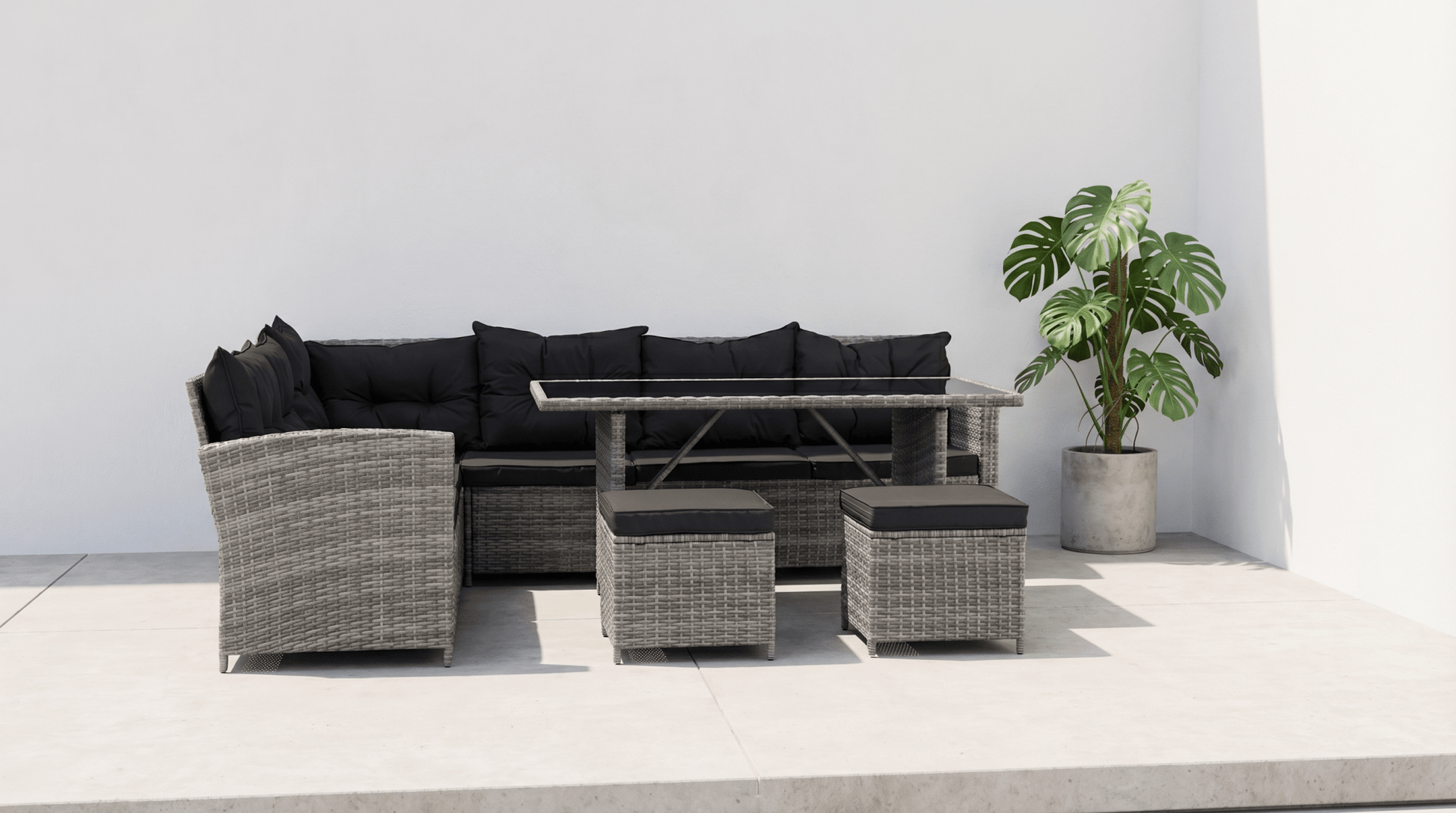 Ensemble de jardin DALLAS en résine tressée avec table rectangulaire en verre - TRUST INDUSTRIE - Gris - 