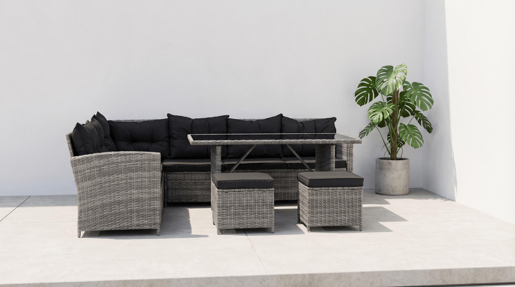 Ensemble de jardin DALLAS en résine tressée avec table rectangulaire en verre - TRUST INDUSTRIE - Gris - 