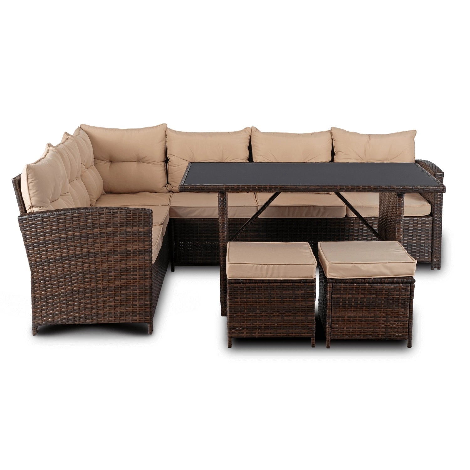 Ensemble de jardin DALLAS en résine tressée avec table rectangulaire en verre - TRUST INDUSTRIE - Beige - 