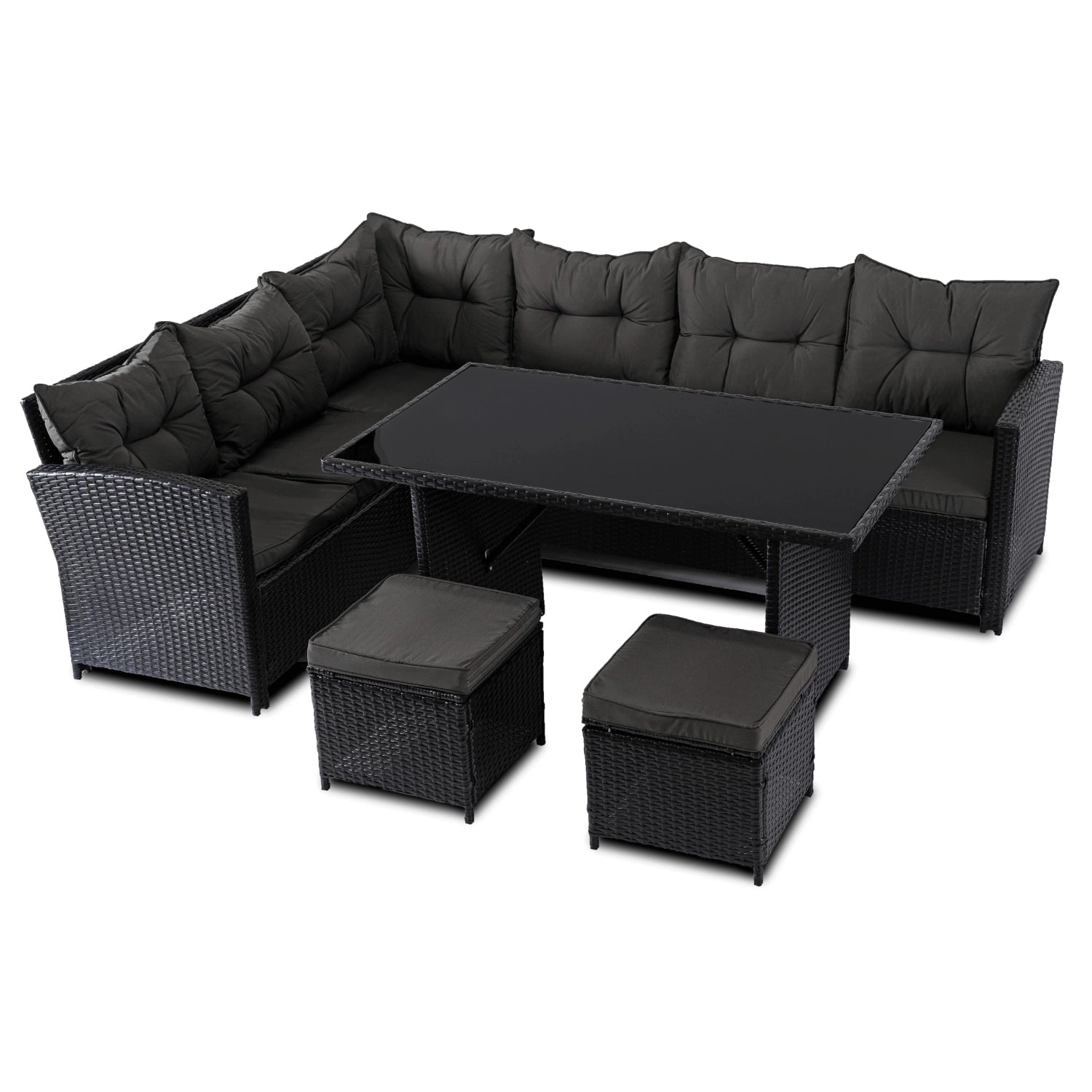 Ensemble de jardin DALLAS en résine tressée avec table rectangulaire en verre - TRUST INDUSTRIE - Noir - 