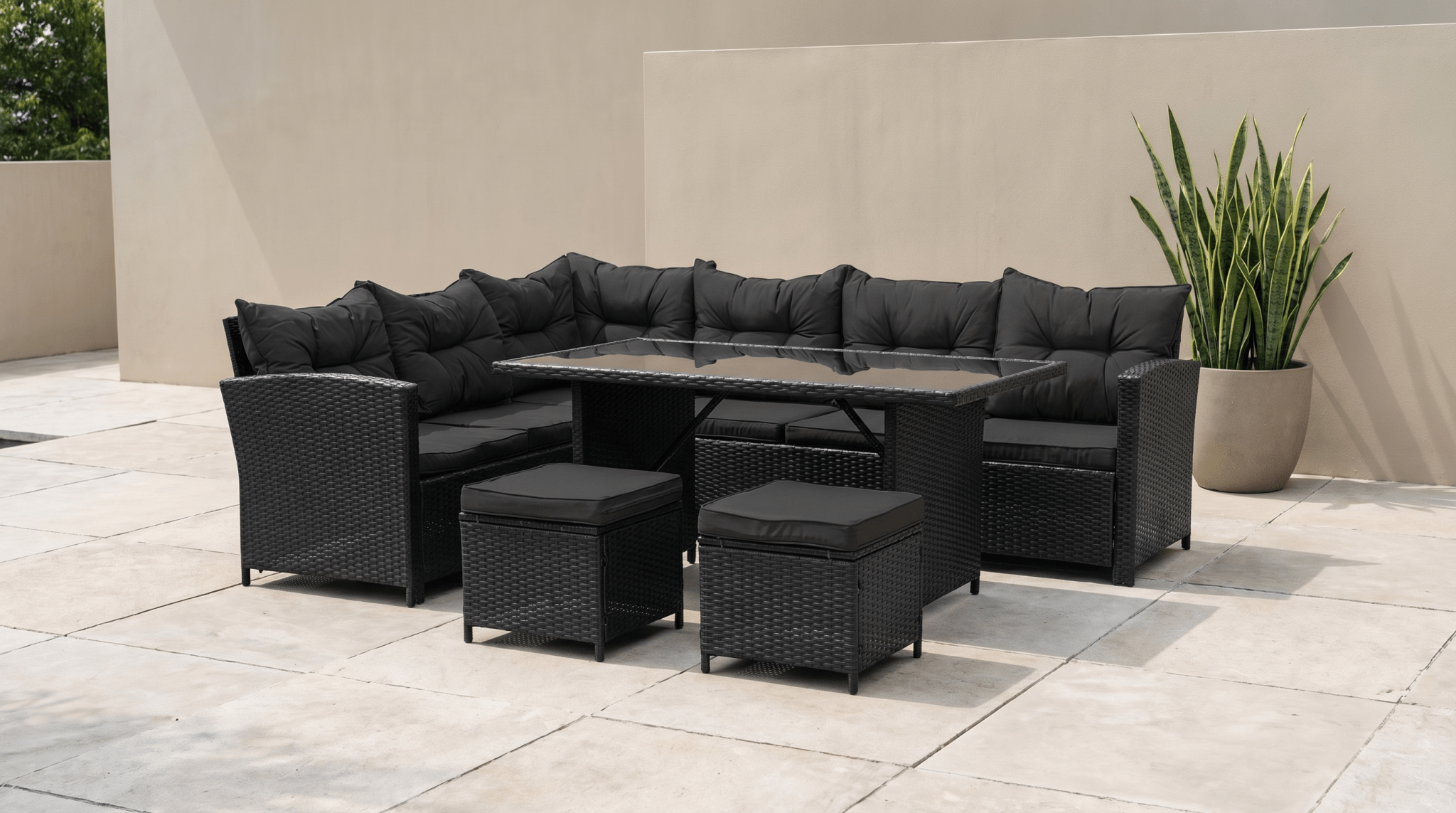 Ensemble de jardin DALLAS en résine tressée avec table rectangulaire en verre - TRUST INDUSTRIE - Noir - 