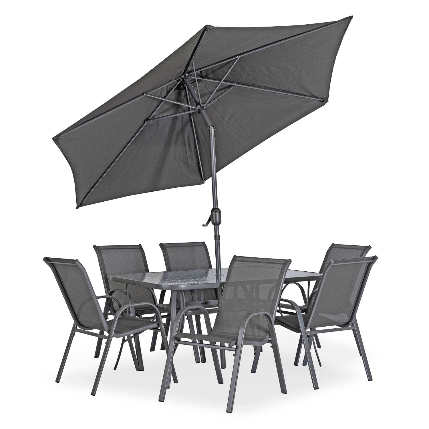 Ensemble de jardin NEBRASKA gris en métal avec table en verre et parasol - TRUST INDUSTRIE - 