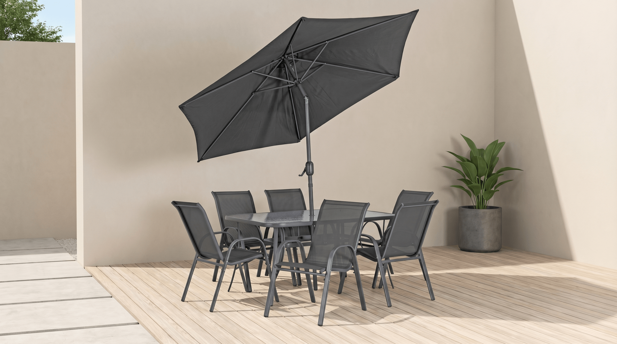 Ensemble de jardin NEBRASKA gris en métal avec table en verre et parasol - TRUST INDUSTRIE - 