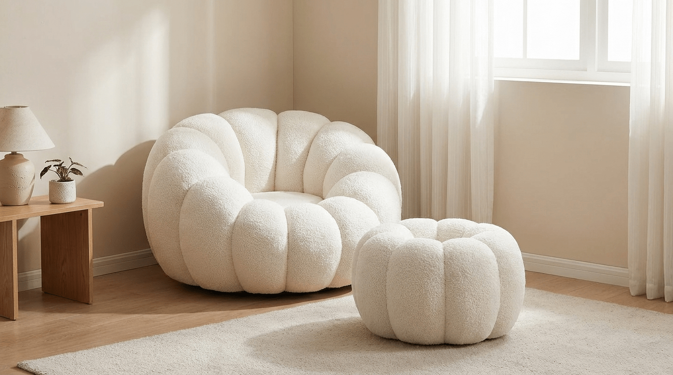 Fauteuil et pouf FLEURS design en laine bouclée rasée blanc - TRUST INDUSTRIE - 