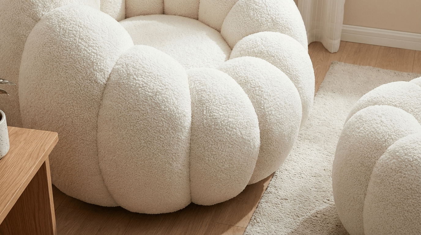 Fauteuil et pouf FLEURS design en laine bouclée rasée blanc - TRUST INDUSTRIE - 