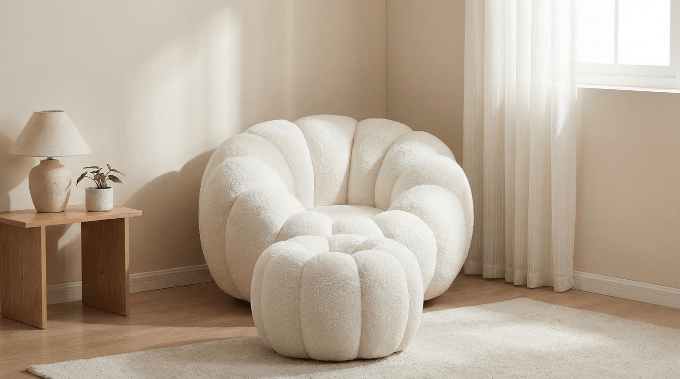 Fauteuil et pouf FLEURS design en laine bouclée rasée blanc - TRUST INDUSTRIE - 