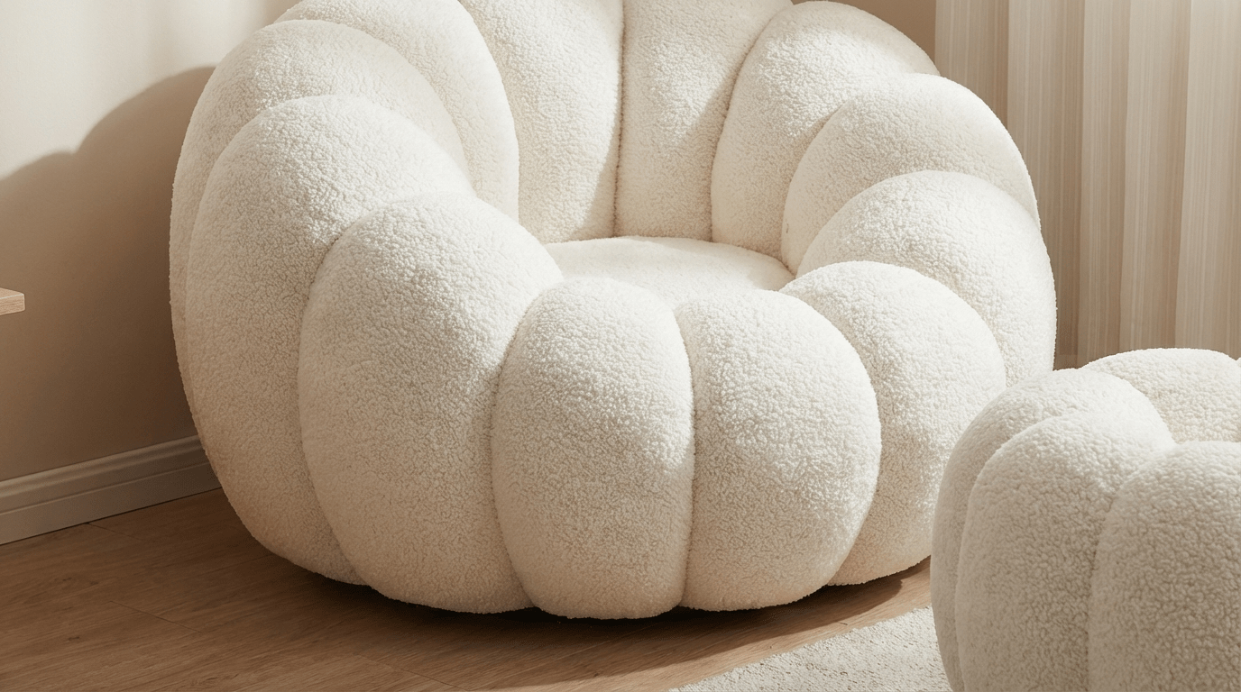 Fauteuil et pouf FLEURS design en laine bouclée rasée blanc - TRUST INDUSTRIE - 