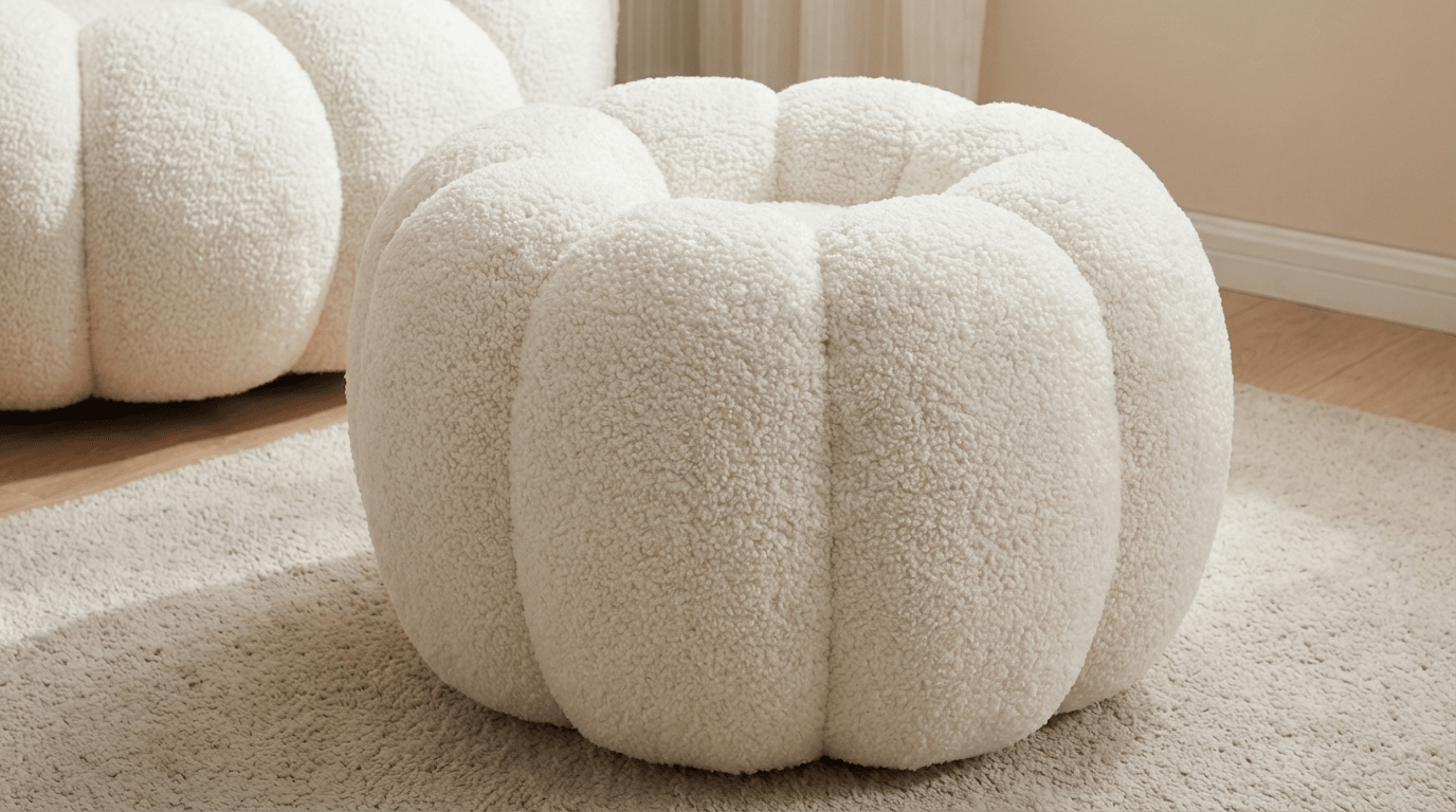 Fauteuil et pouf FLEURS design en laine bouclée rasée blanc - TRUST INDUSTRIE - 