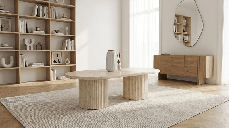 Table basse FLINSTONE avec un plateau effet marbre ovale design