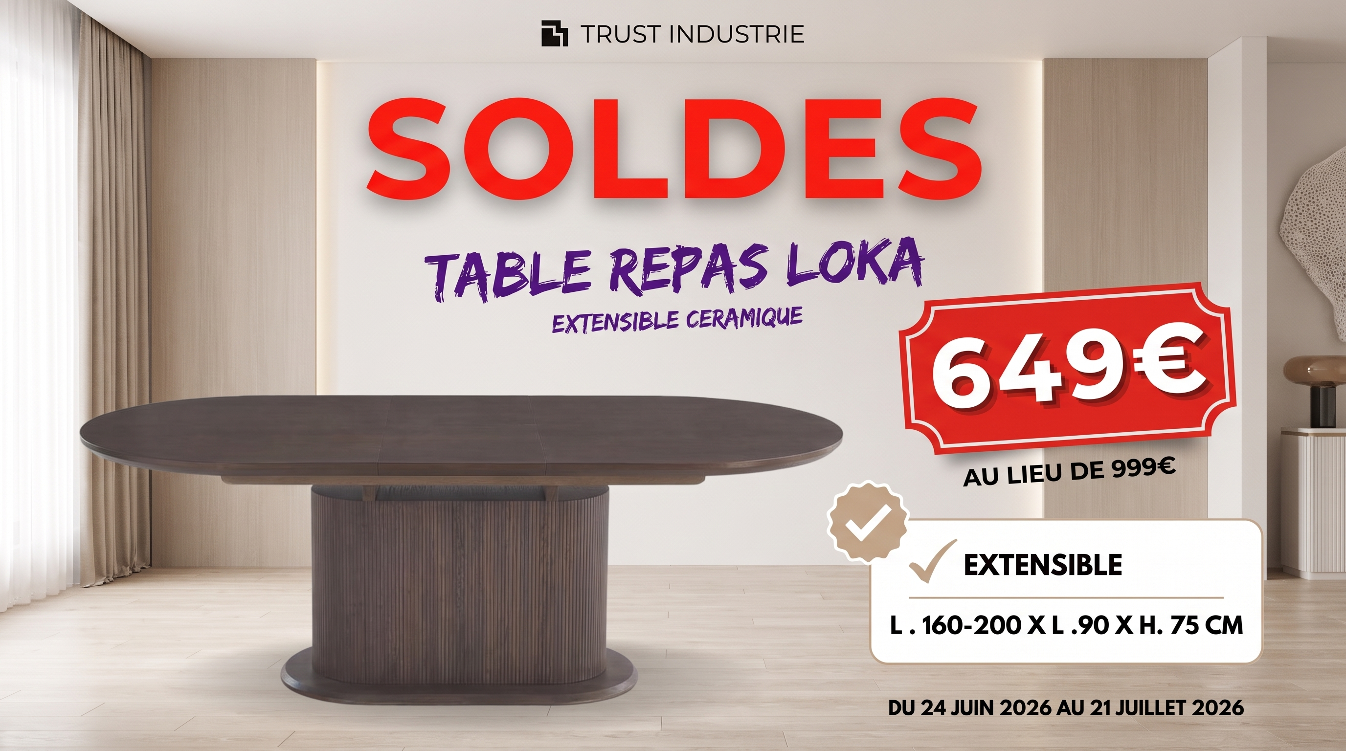 Table à manger ovale extensible LOKA pour 8 personnes avecplateau céramique - TRUST INDUSTRIE - Effet noyer