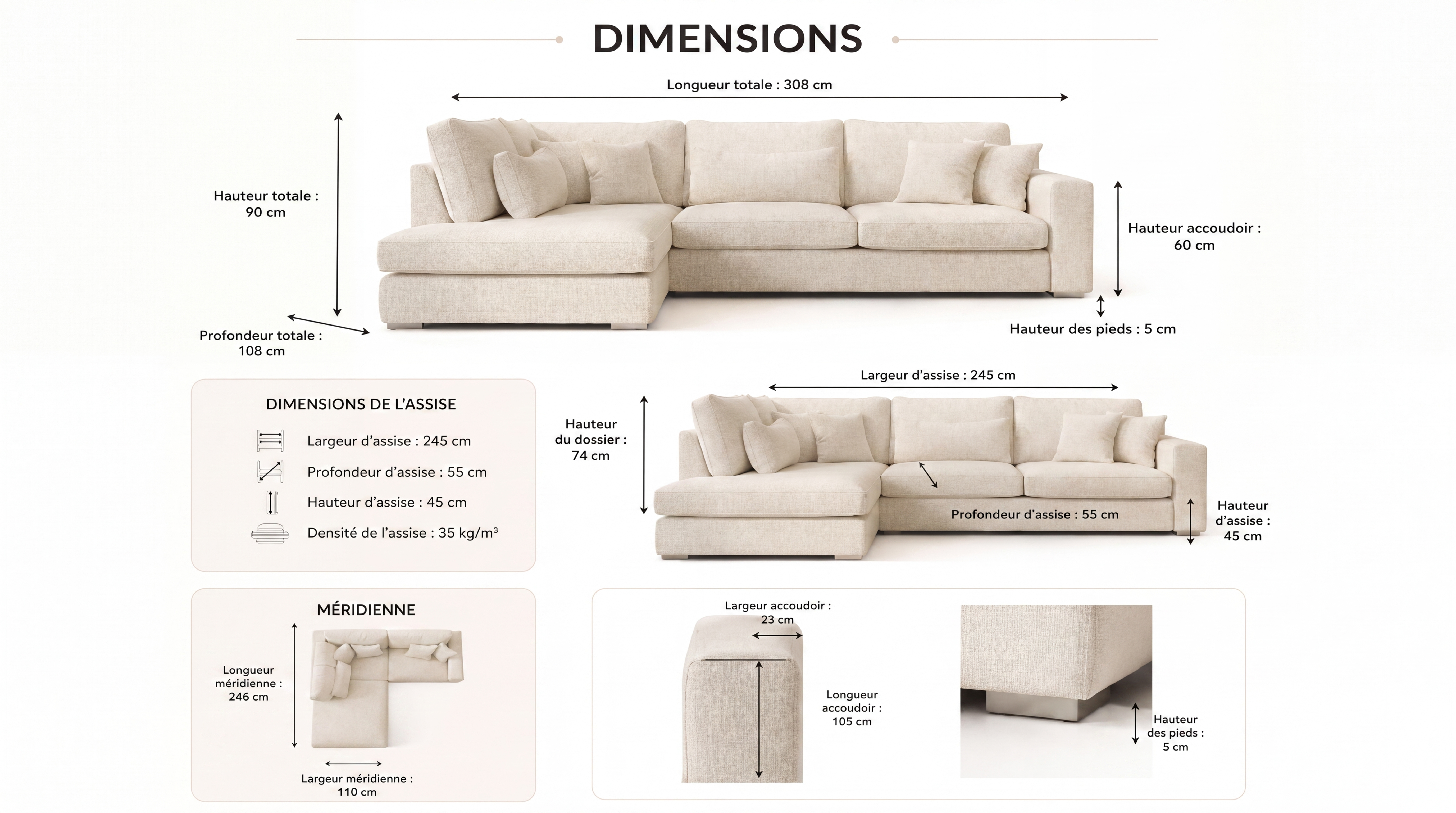 Canapé d'angle déhoussable 5 places MARBELLA en tweed - TRUST INDUSTRIE écru / beige / gauche / droite Ecru - Angle gauche - Angle DROIT - Beige 05 