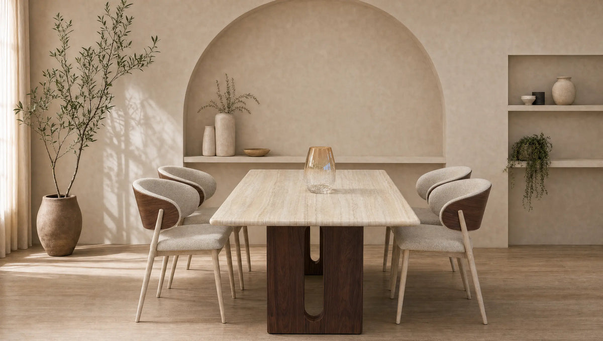 Table à manger YOUNI 180 cm effet travertin et noyer