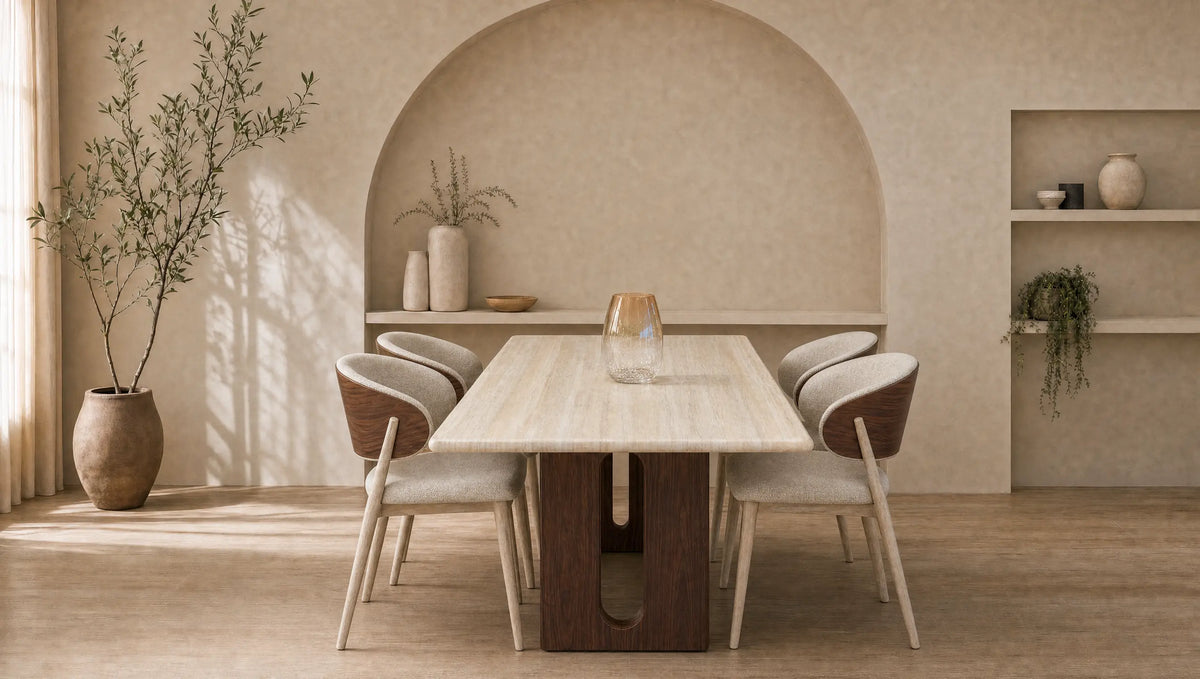 Table à manger YOUNI 180 cm effet travertin et noyer